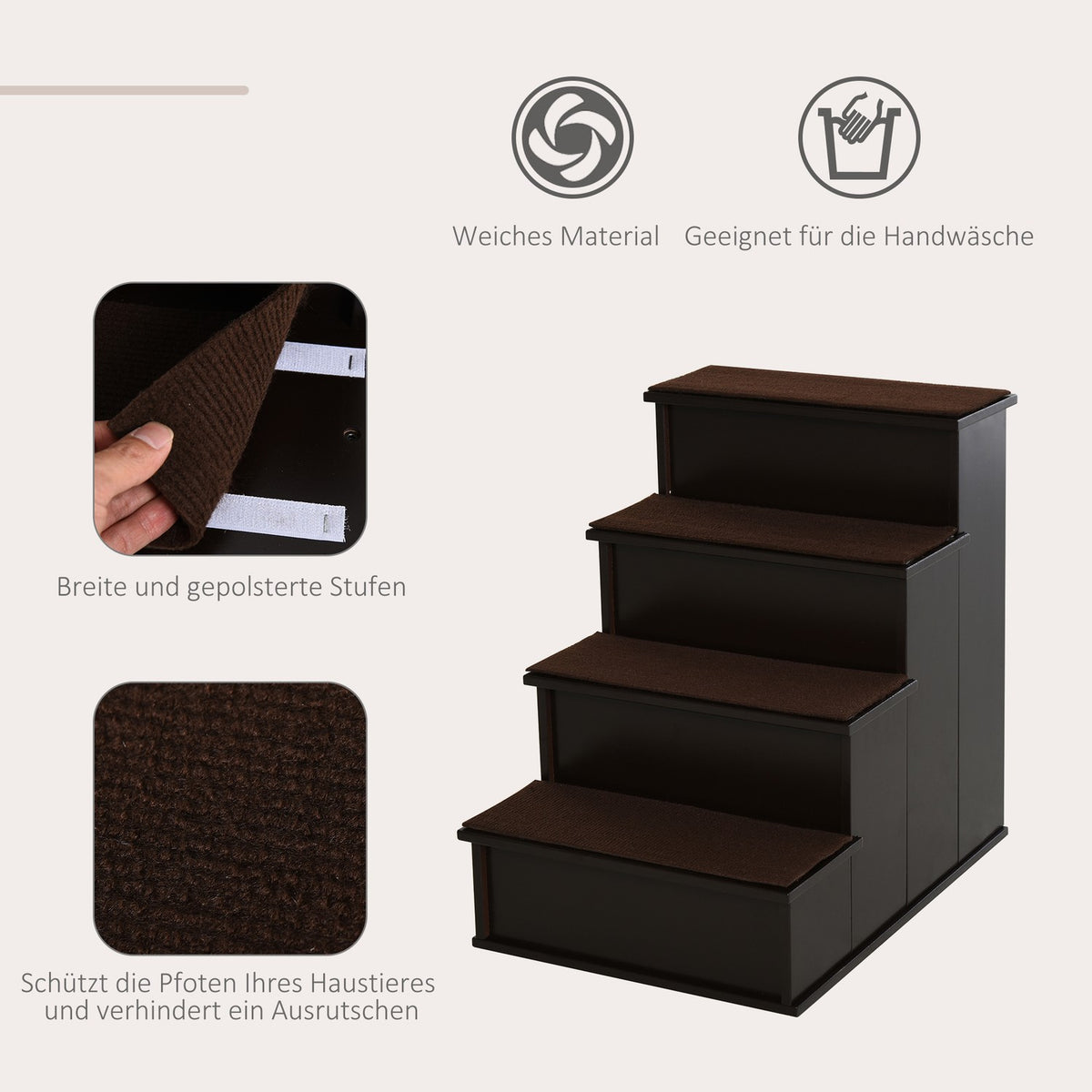 Pet stairs, dog stairs/cat stairs with carpet, entry aid, MDF, dark brown, 40x59x54.2cm