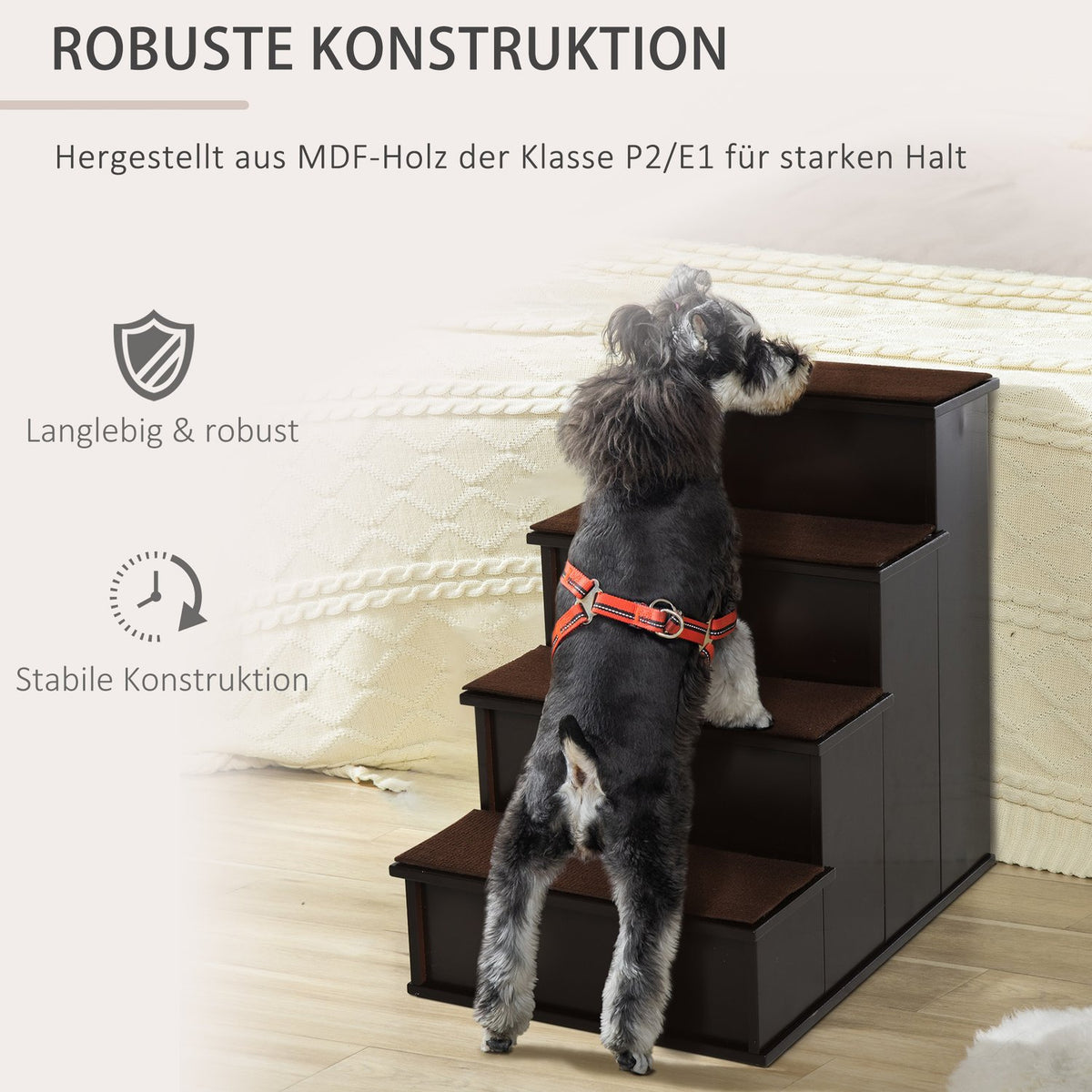 Pet stairs, dog stairs/cat stairs with carpet, entry aid, MDF, dark brown, 40x59x54.2cm