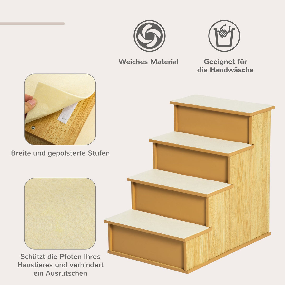 Pet stairs, for dogs/cats, 4 steps, short plush, up to 30 kg, 40 x 59 x 54.2 cm, natural