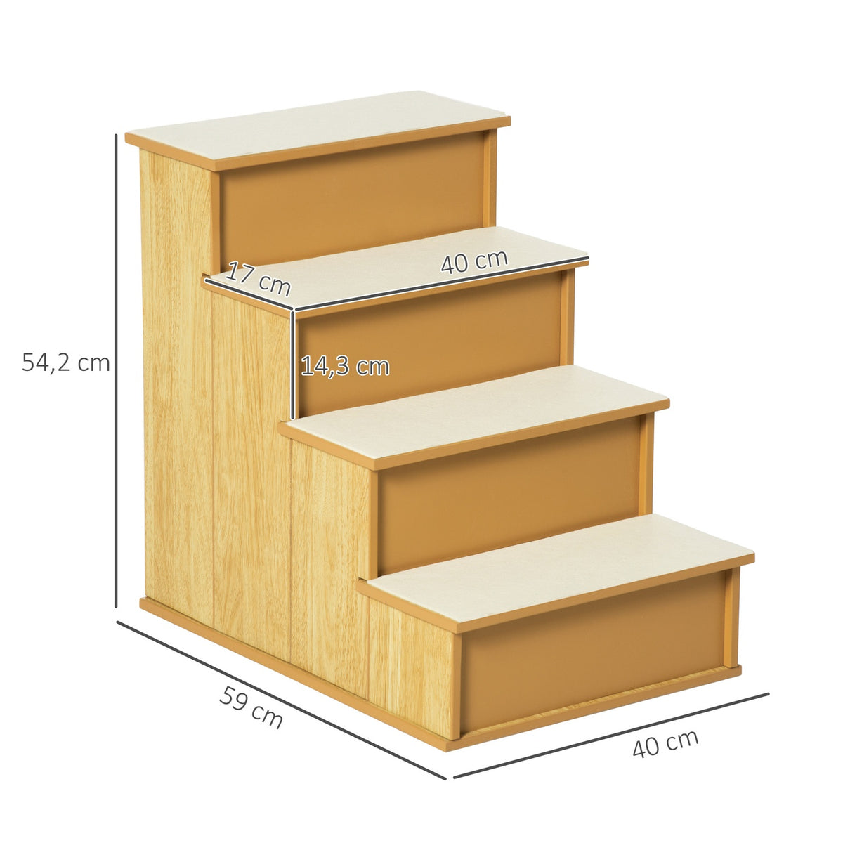 Pet stairs, for dogs/cats, 4 steps, short plush, up to 30 kg, 40 x 59 x 54.2 cm, natural