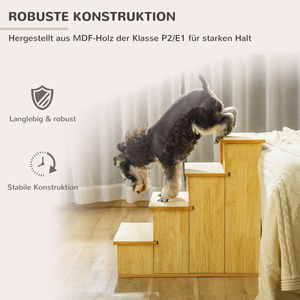 Pet stairs, for dogs/cats, 4 steps, short plush, up to 30 kg, 40 x 59 x 54.2 cm, natural