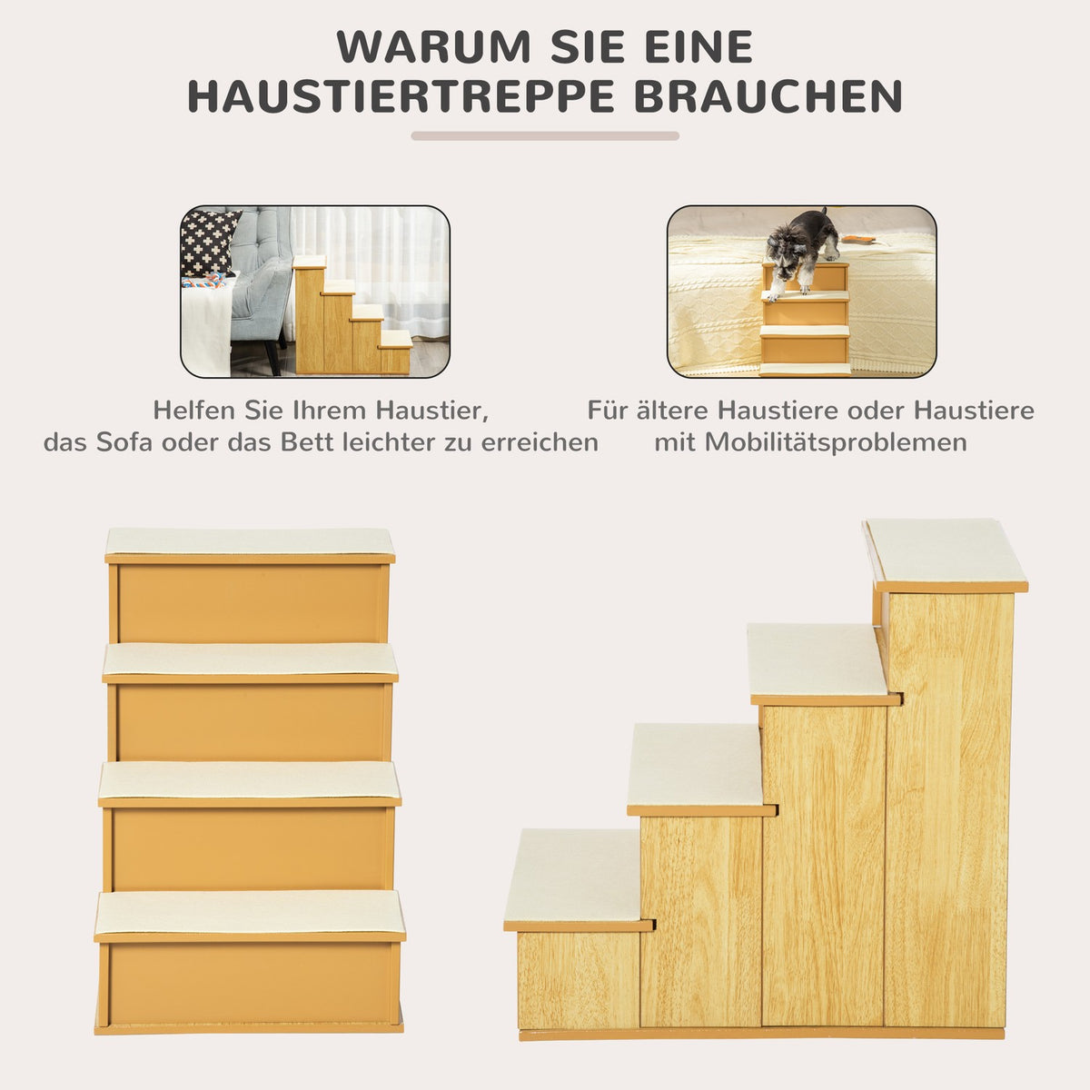 Pet stairs, for dogs/cats, 4 steps, short plush, up to 30 kg, 40 x 59 x 54.2 cm, natural