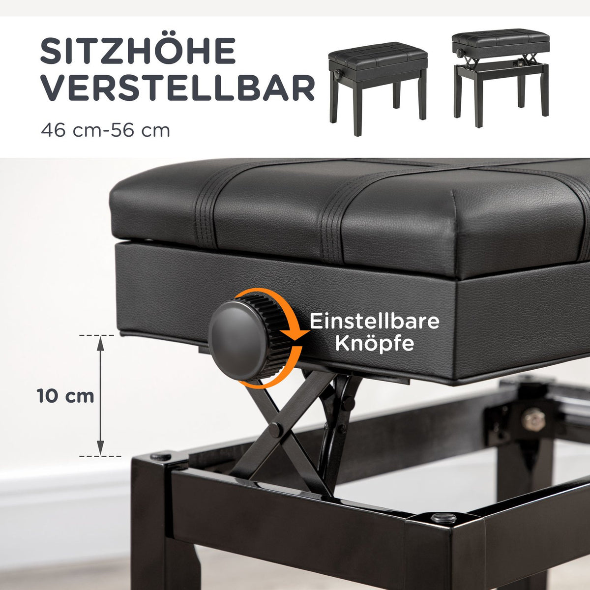 Piano Bench Height-Adjustable Piano Stool With Storage Space, Leather Cushion, Black, 63X35X46-56 Cm