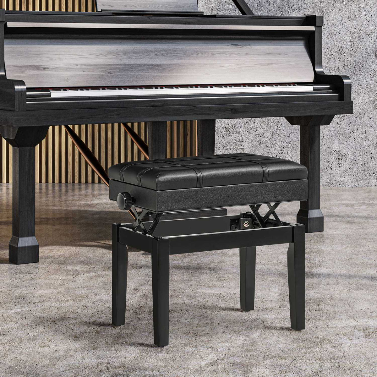 Piano Bench Height-Adjustable Piano Stool With Storage Space, Leather Cushion, Black, 63X35X46-56 Cm