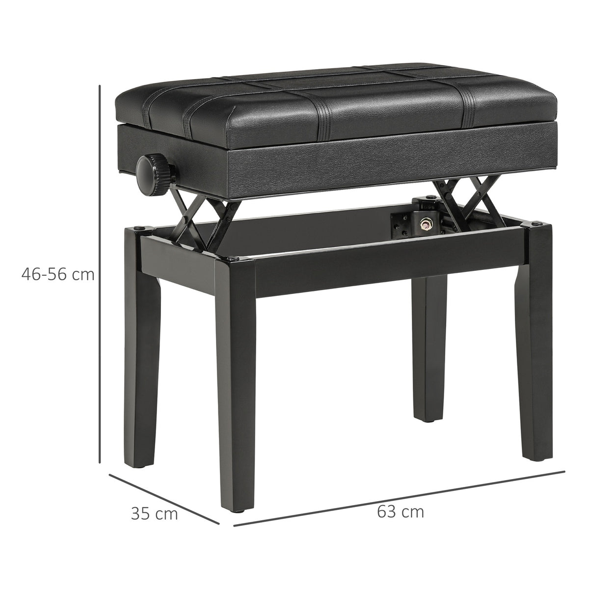 Piano Bench Height-Adjustable Piano Stool With Storage Space, Leather Cushion, Black, 63X35X46-56 Cm