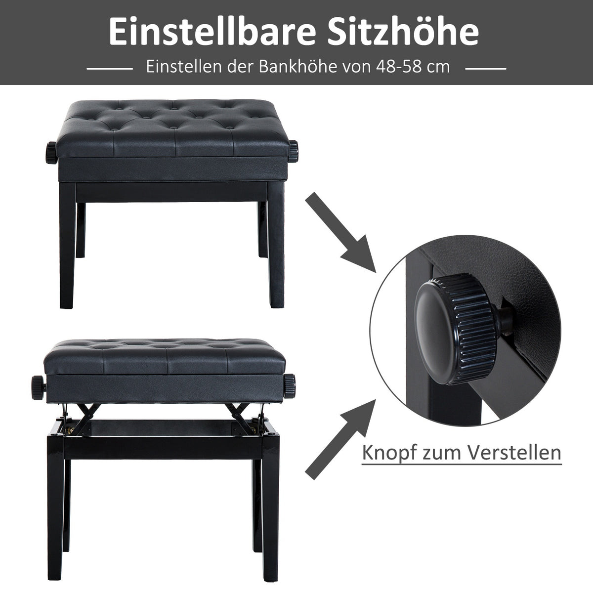 Piano Bench Storage Space Makeup Stool Height Adjustable 54.5X33X48-58Cm