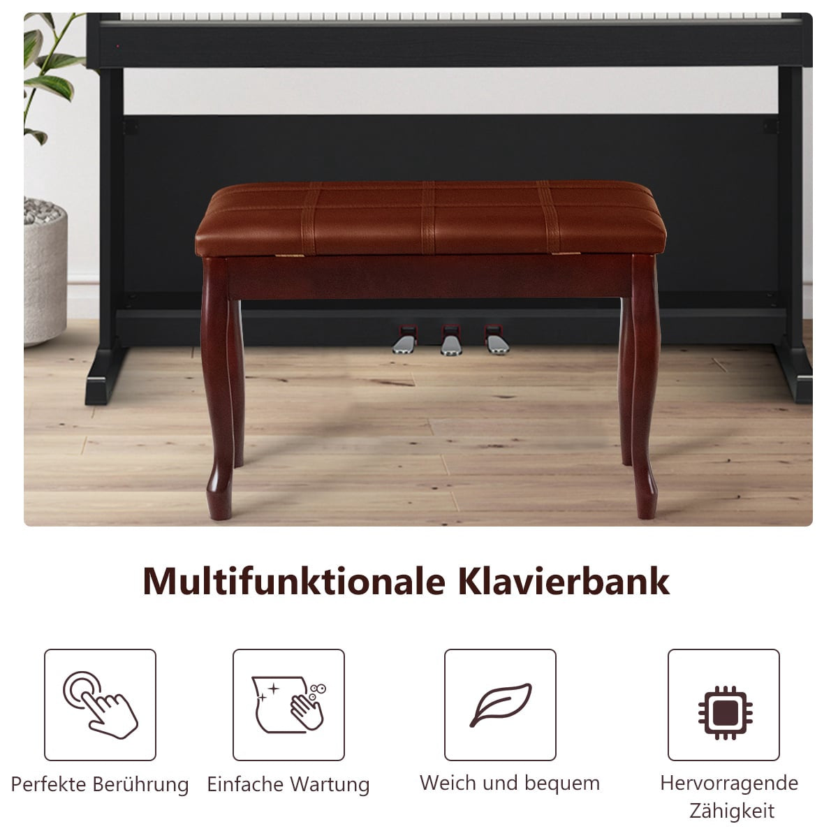 Piano Bench with Storage, Solid Wood, 75x35x49 cm, Brown