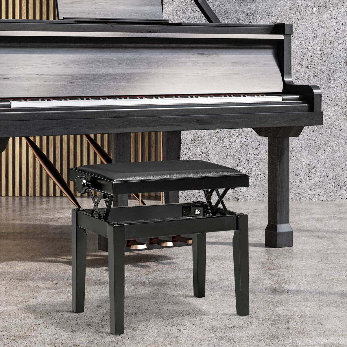 Piano Stool, Height-Adjustable Piano Bench With Leather Cushion, Piano Bench, Faux Leather, Rubber Wood, Black, 63 X 33 X 45-56 Cm
