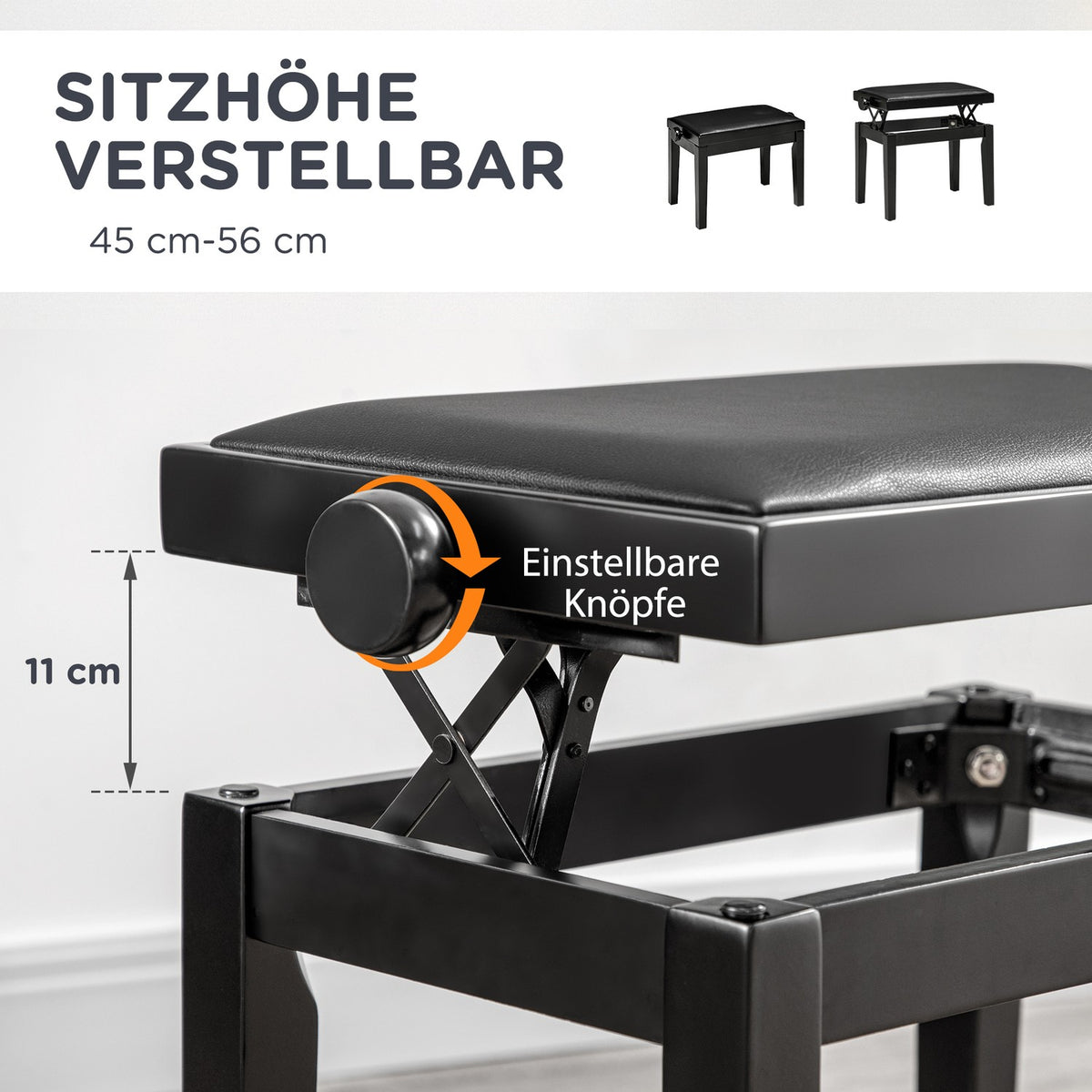 Piano Stool, Height-Adjustable Piano Bench With Leather Cushion, Piano Bench, Faux Leather, Rubber Wood, Black, 63 X 33 X 45-56 Cm