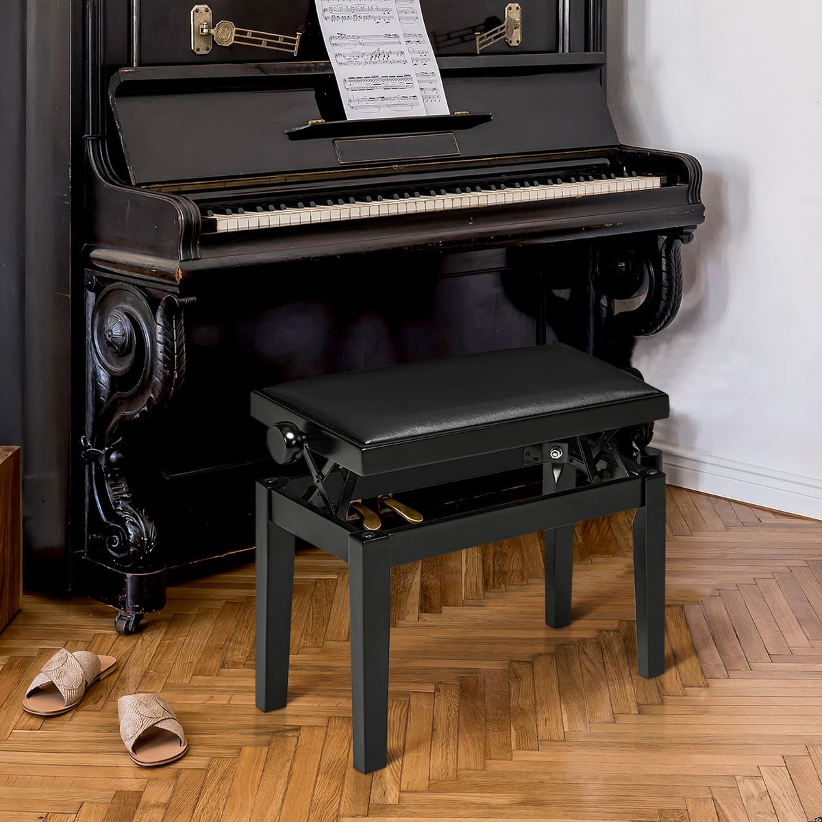 Piano Stool, Height-Adjustable Piano Bench With Leather Cushion, Piano Bench, Faux Leather, Rubber Wood, Black, 63 X 33 X 45-56 Cm