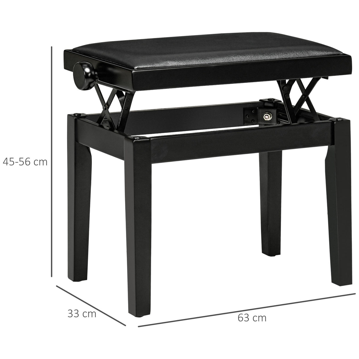Piano Stool, Height-Adjustable Piano Bench With Leather Cushion, Piano Bench, Faux Leather, Rubber Wood, Black, 63 X 33 X 45-56 Cm