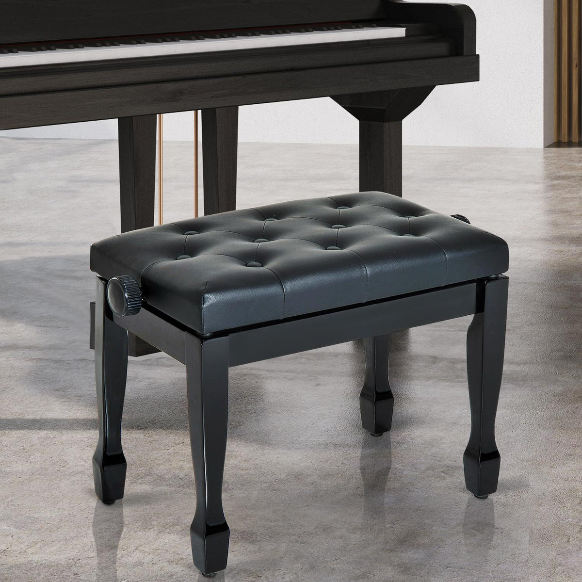 Piano Stool Piano Bench Cosmetic Stool Height Adjustable Stool Practicing Musical Instruments Solid Wood Faux Leather Black 64 X 35 X 45-55 Cm
