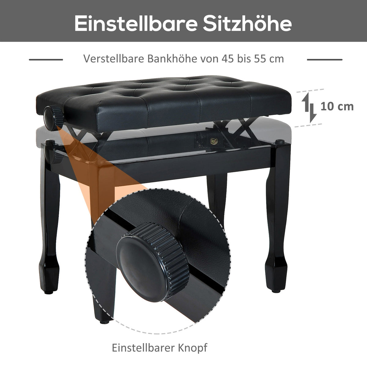 Piano Stool Piano Bench Cosmetic Stool Height Adjustable Stool Practicing Musical Instruments Solid Wood Faux Leather Black 64 X 35 X 45-55 Cm