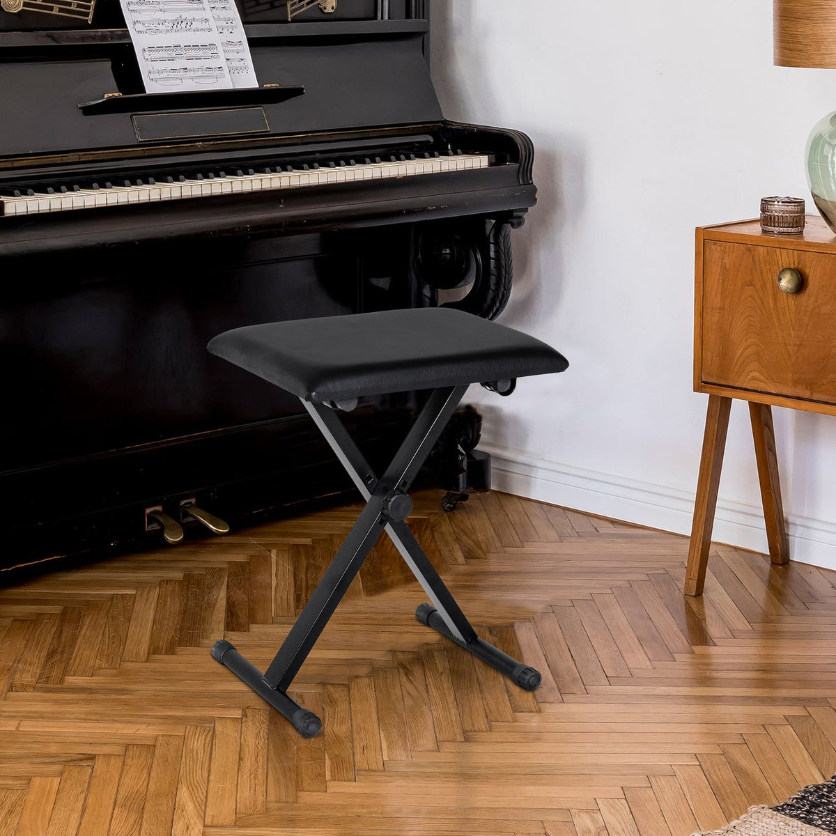Piano Stool Piano Bench Height Adjustable Foldable Metal Faux Leather Foam Black 39 X 29 X 37-47 Cm