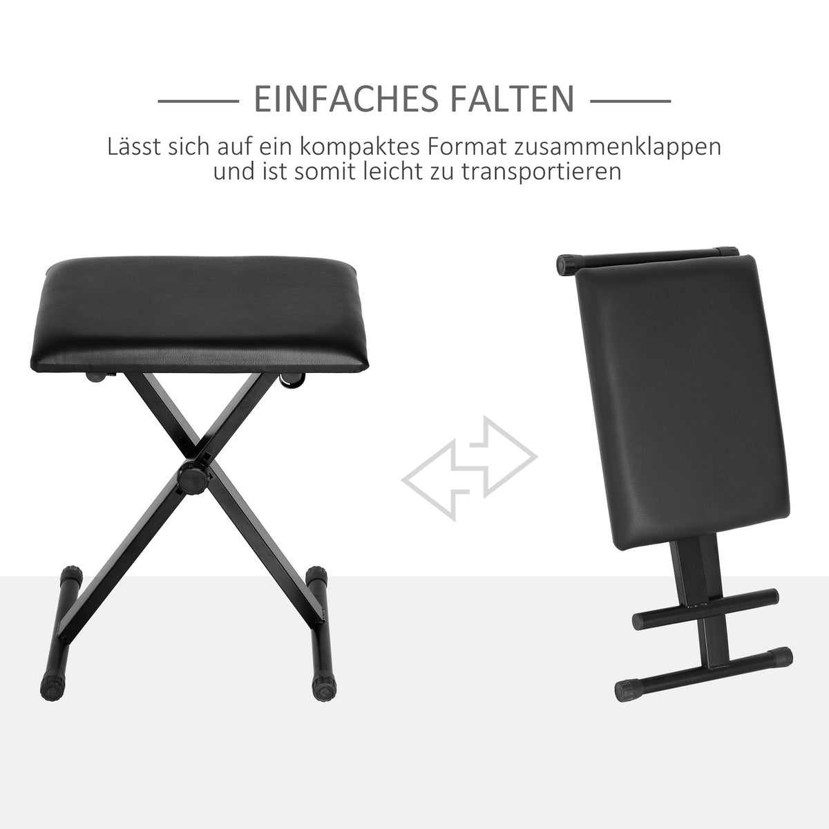 Piano Stool Piano Bench Height Adjustable Foldable Metal Faux Leather Foam Black 39 X 29 X 37-47 Cm