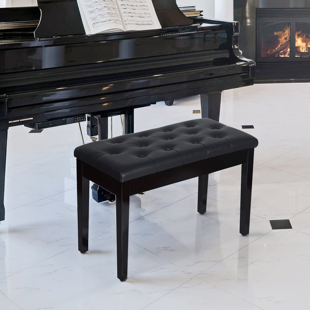 Piano Stool Piano Bench Traditional Country House Style Cosmetic Stool Storage Space Rubber Wood Faux Leather Black 76 X 36 X 50 Cm