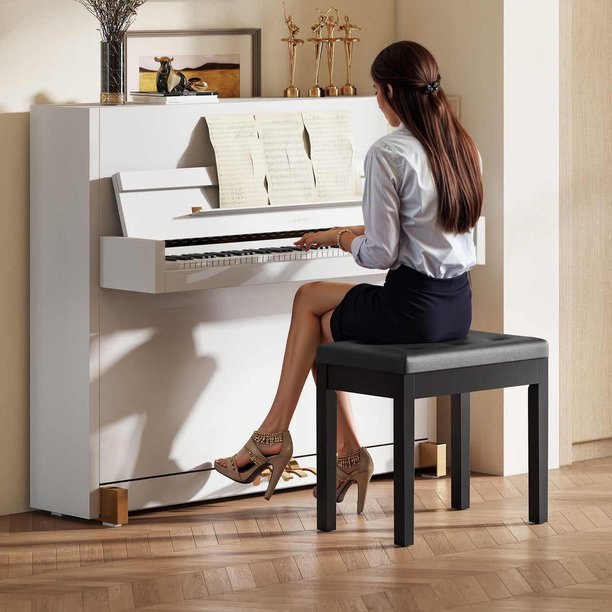 Piano bench, faux leather cover, quilted buttons, storage space, wooden legs, black