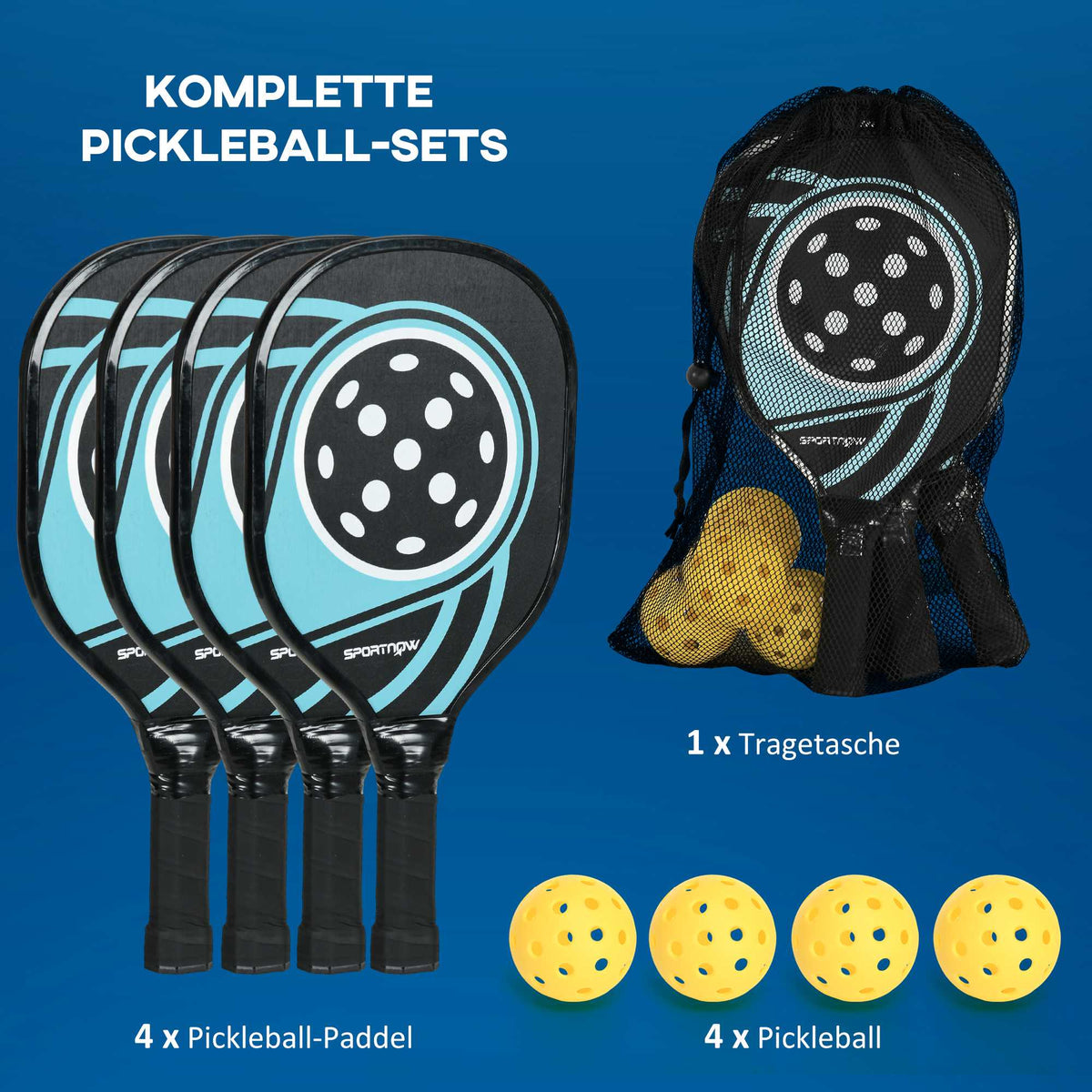 Pickleball Set: 4 Paddles, 4 Balls, Carry Bag, Blue/Black