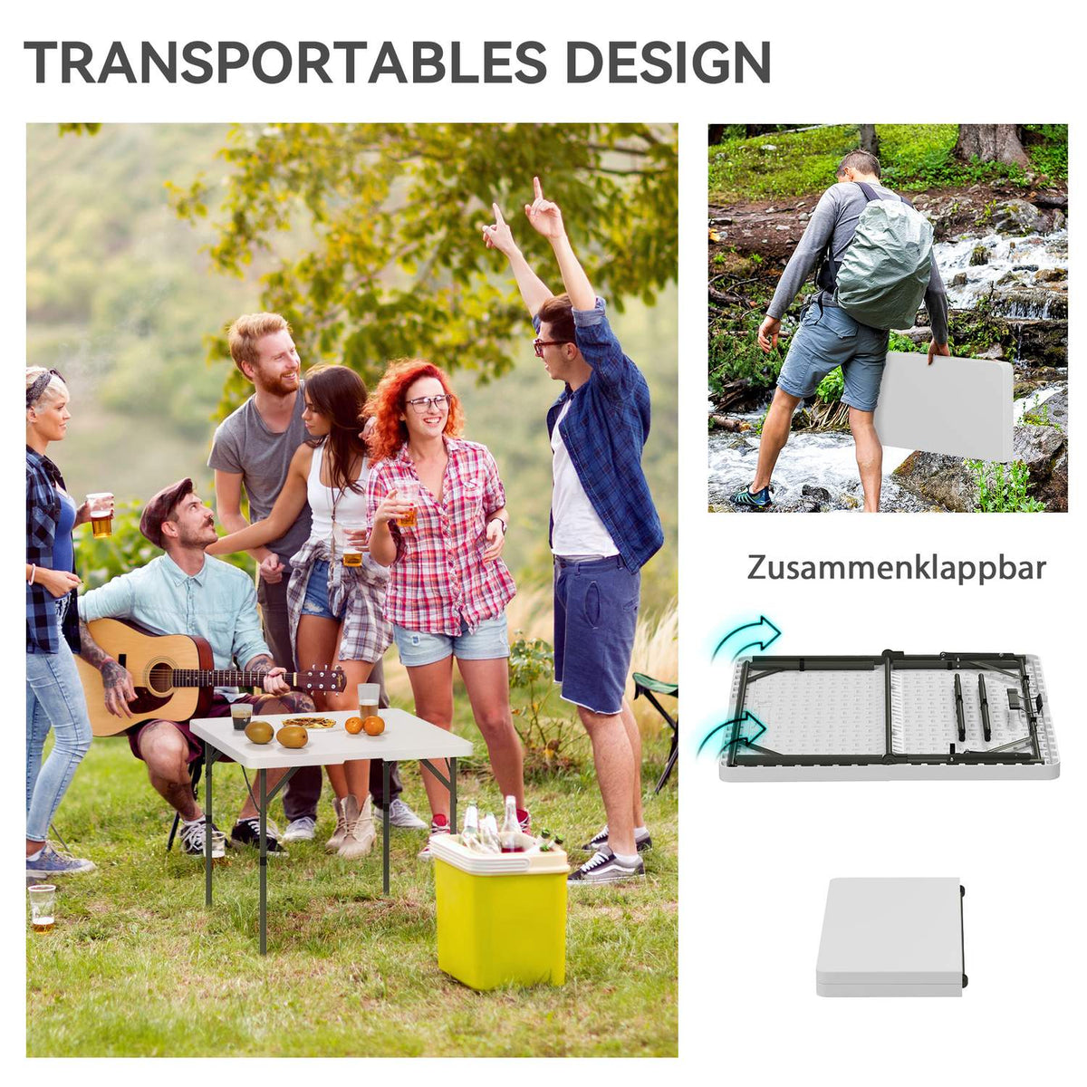 Picnic Table, Folding Camping Table, Height Adjustable Folding Table, for Garden Parties, Camping, Barbecue, Plastic, Metal, White