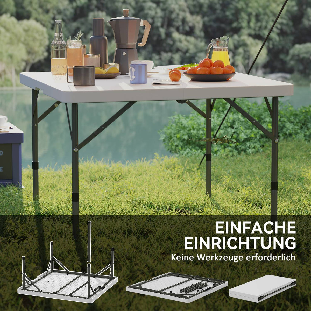Picnic Table, Folding Camping Table, Height Adjustable Folding Table, for Garden Parties, Camping, Barbecue, Plastic, Metal, White