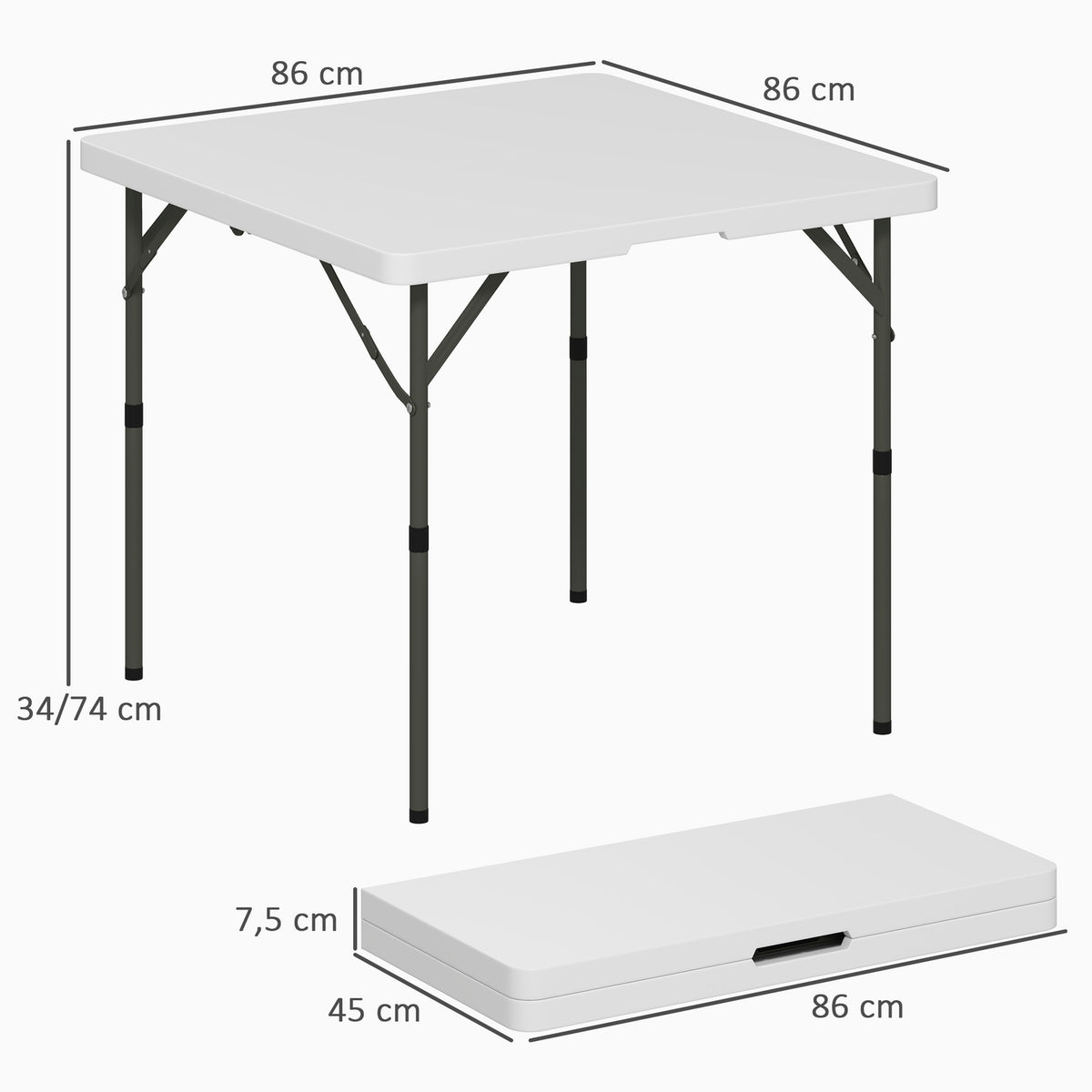 Picnic Table, Folding Camping Table, Height Adjustable Folding Table, for Garden Parties, Camping, Barbecue, Plastic, Metal, White
