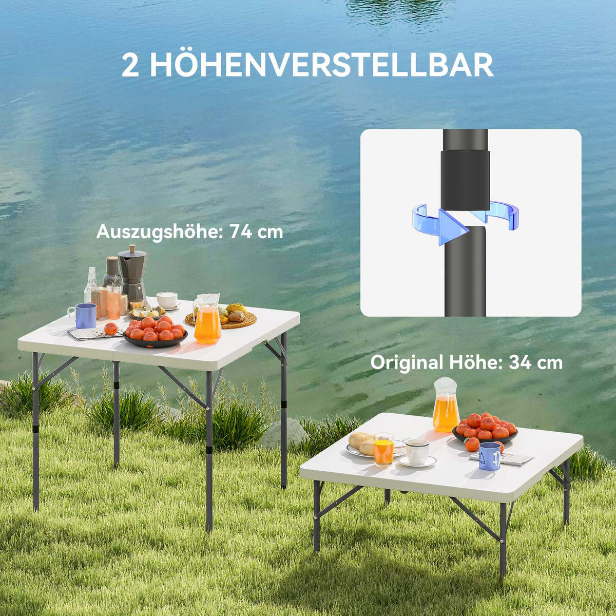 Picnic Table, Folding Camping Table, Height Adjustable Folding Table, for Garden Parties, Camping, Barbecue, Plastic, Metal, White