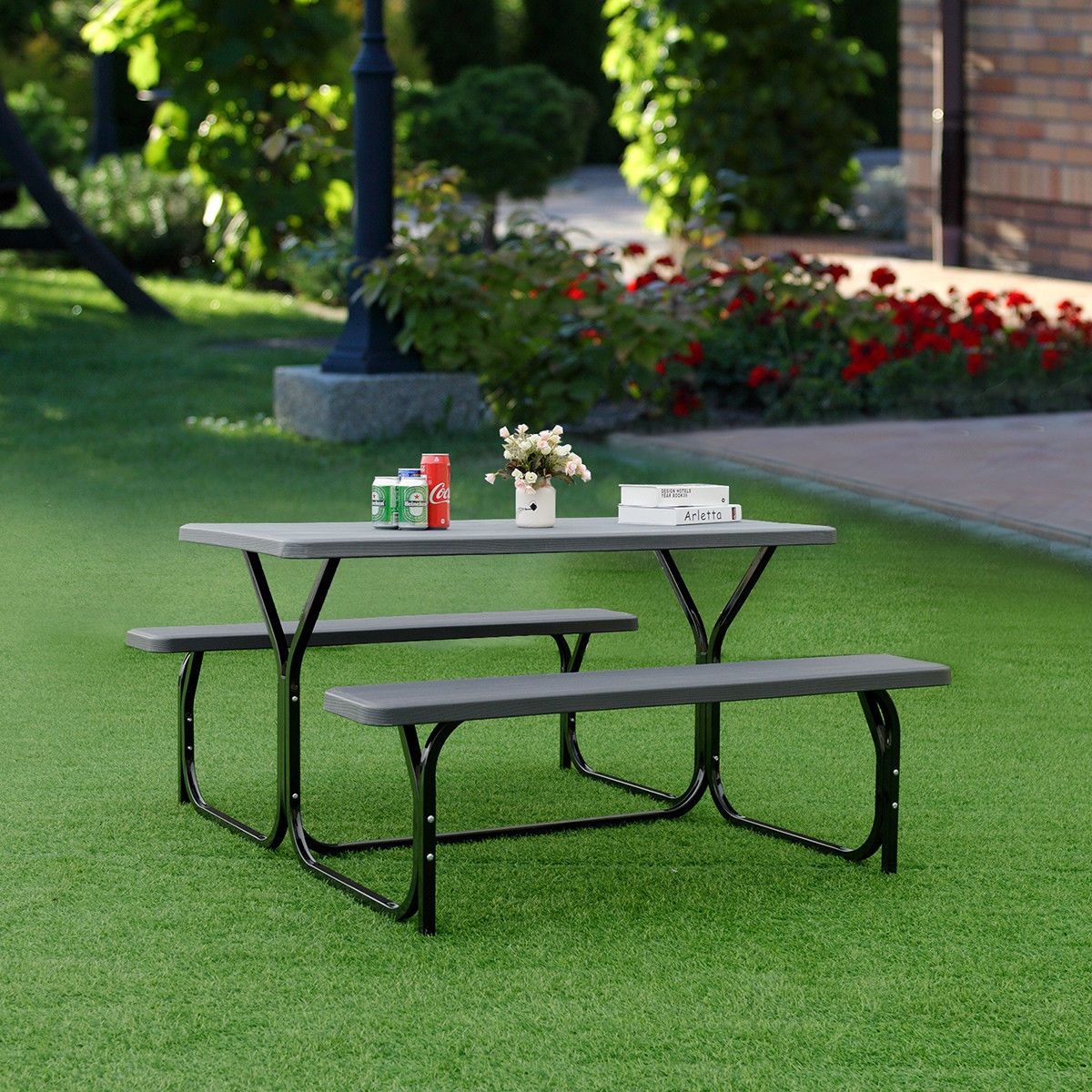 Picnic Table With 2 Benches, HDPE Top, Seats 4