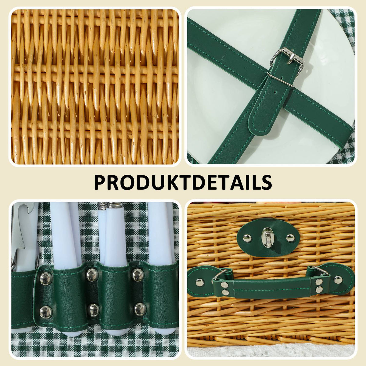 Picnic basket made of willow wood, picnic suitcase for 2 people with insulated cooler compartment, cutlery set, picnic set, complete set for camping, beach, Christmas, light brown