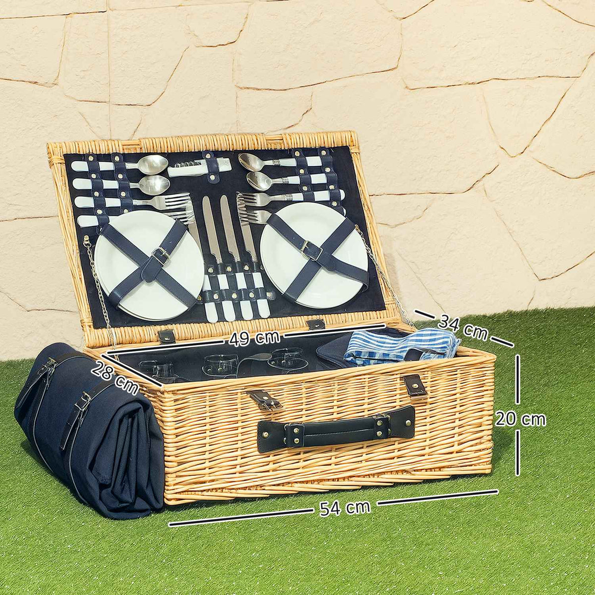 Picnic basket made of willow wood, picnic suitcase for 4 people with insulated cooling compartment, picnic blanket, cutlery set, picnic set, complete set for camping, beach, Christmas, natural wood