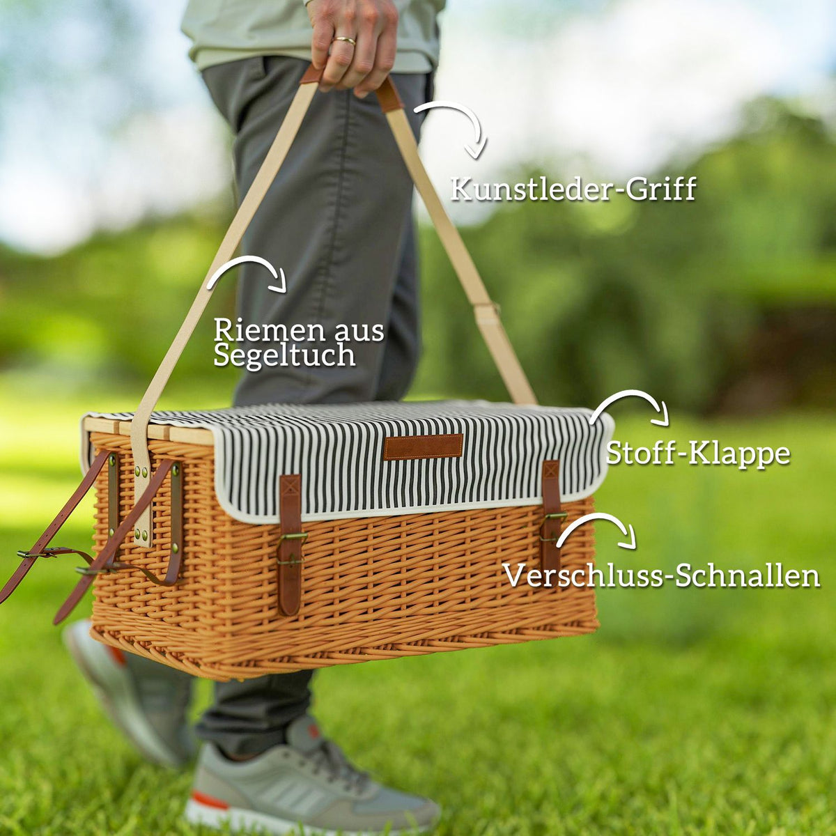 Picnic basket made of willow wood, picnic suitcase for 4 people with picnic blanket, cutlery set, bottle opener, picnic table, picnic set, complete set for camping, beach, Christmas, light brown