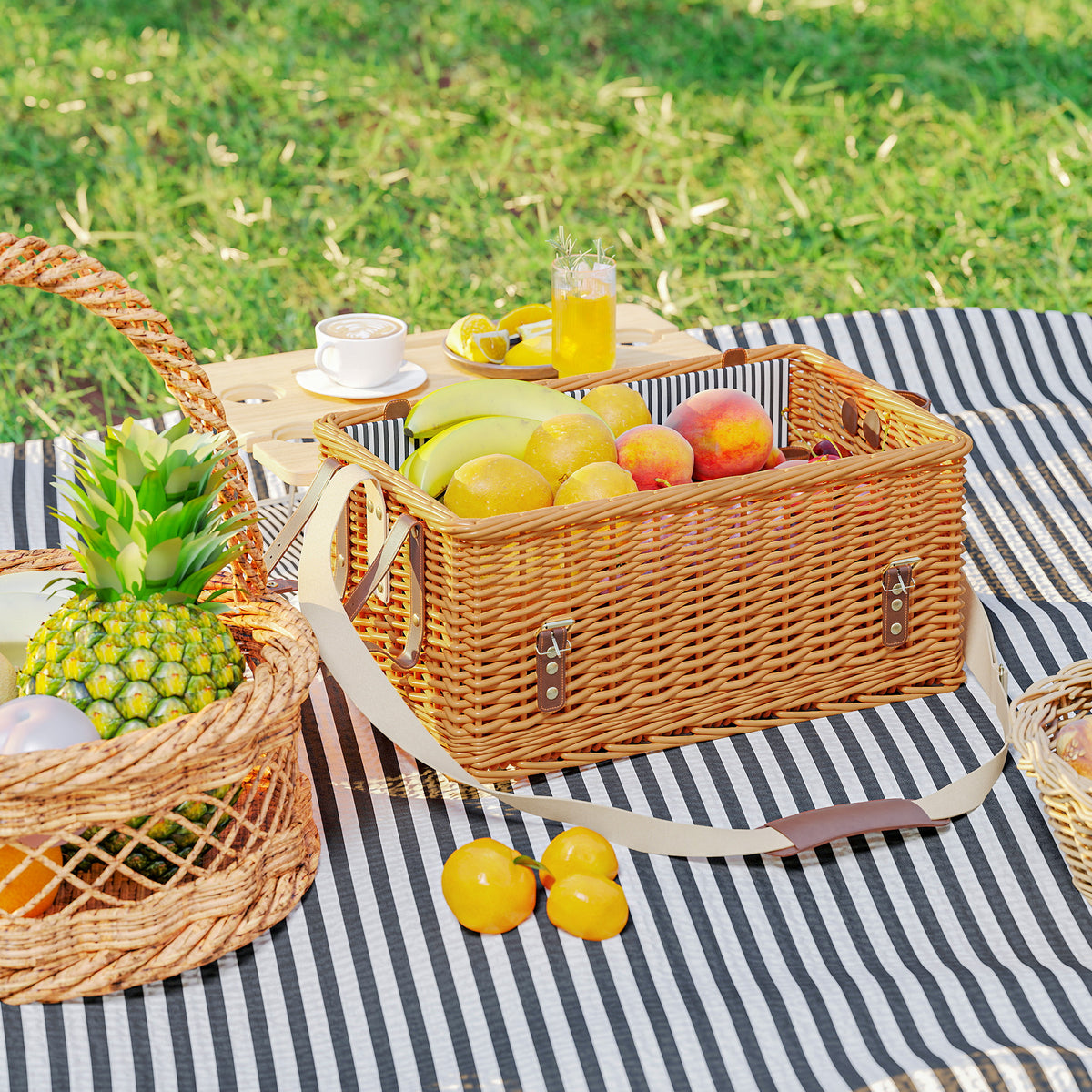 Picnic basket made of willow wood, picnic suitcase for 4 people with picnic blanket, cutlery set, bottle opener, picnic table, picnic set, complete set for camping, beach, Christmas, light brown