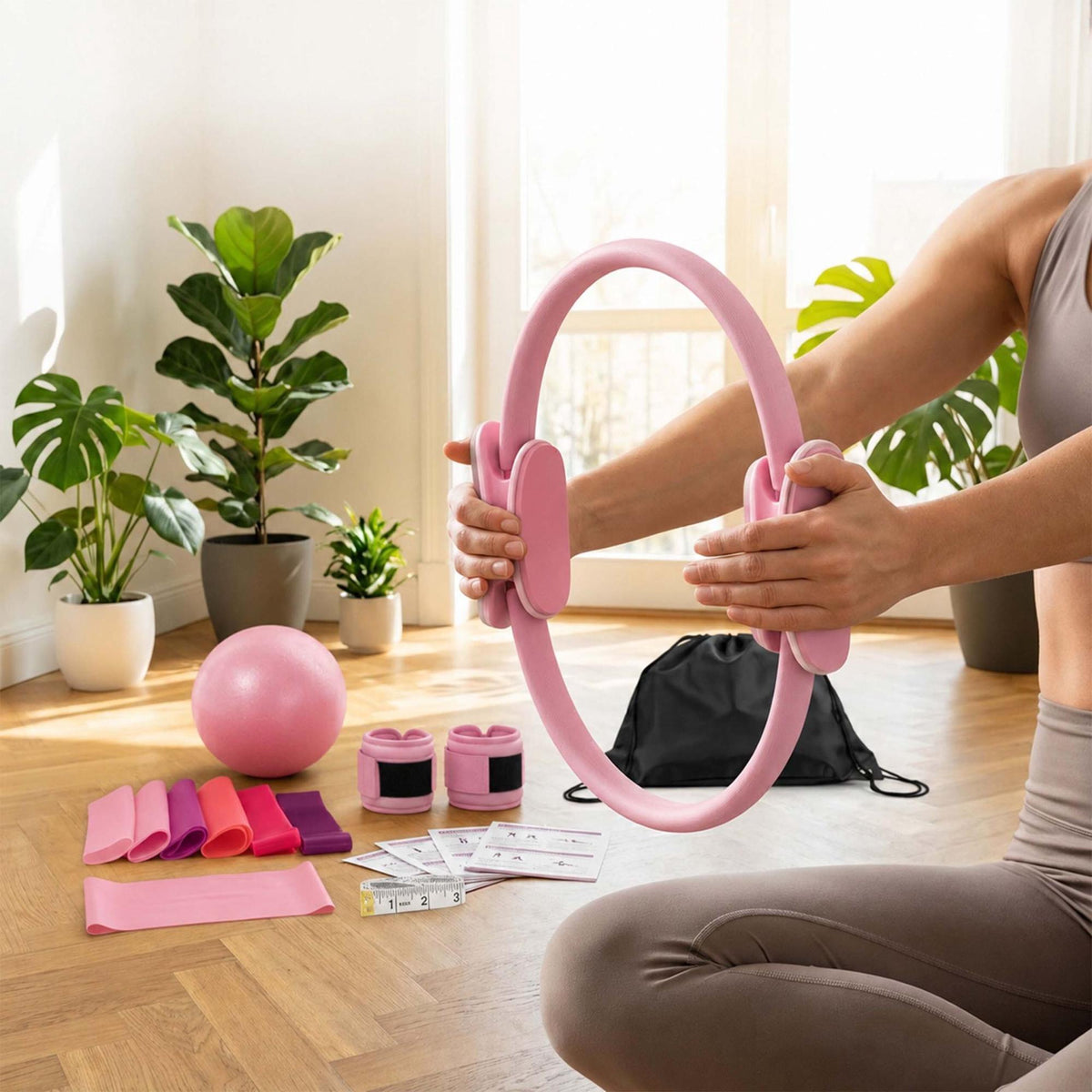 Pilates Set, 13-Piece Kit with Bands and Weights - Pink