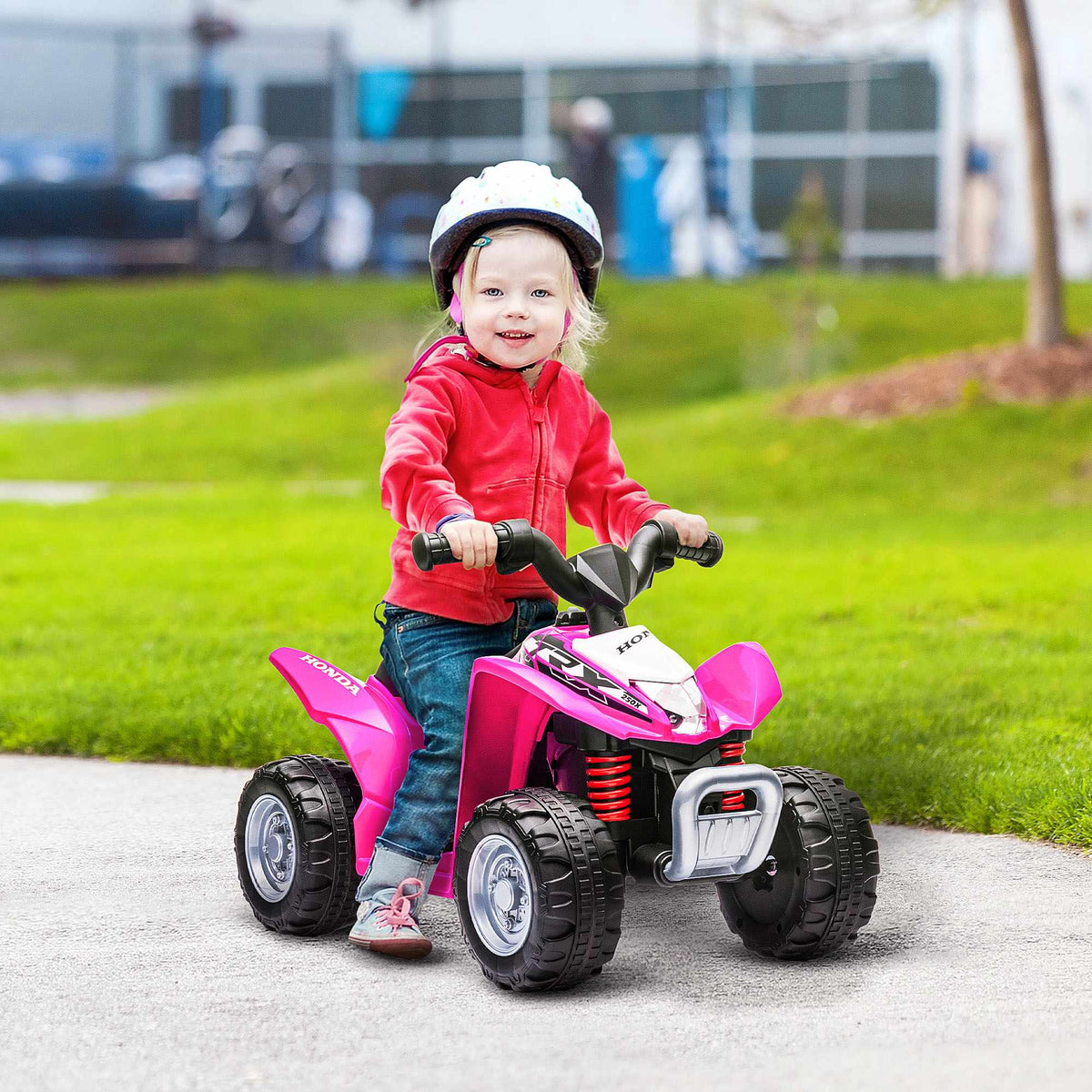 Pink Electric Kids Quad with LED Light, Horn, Wide Tires