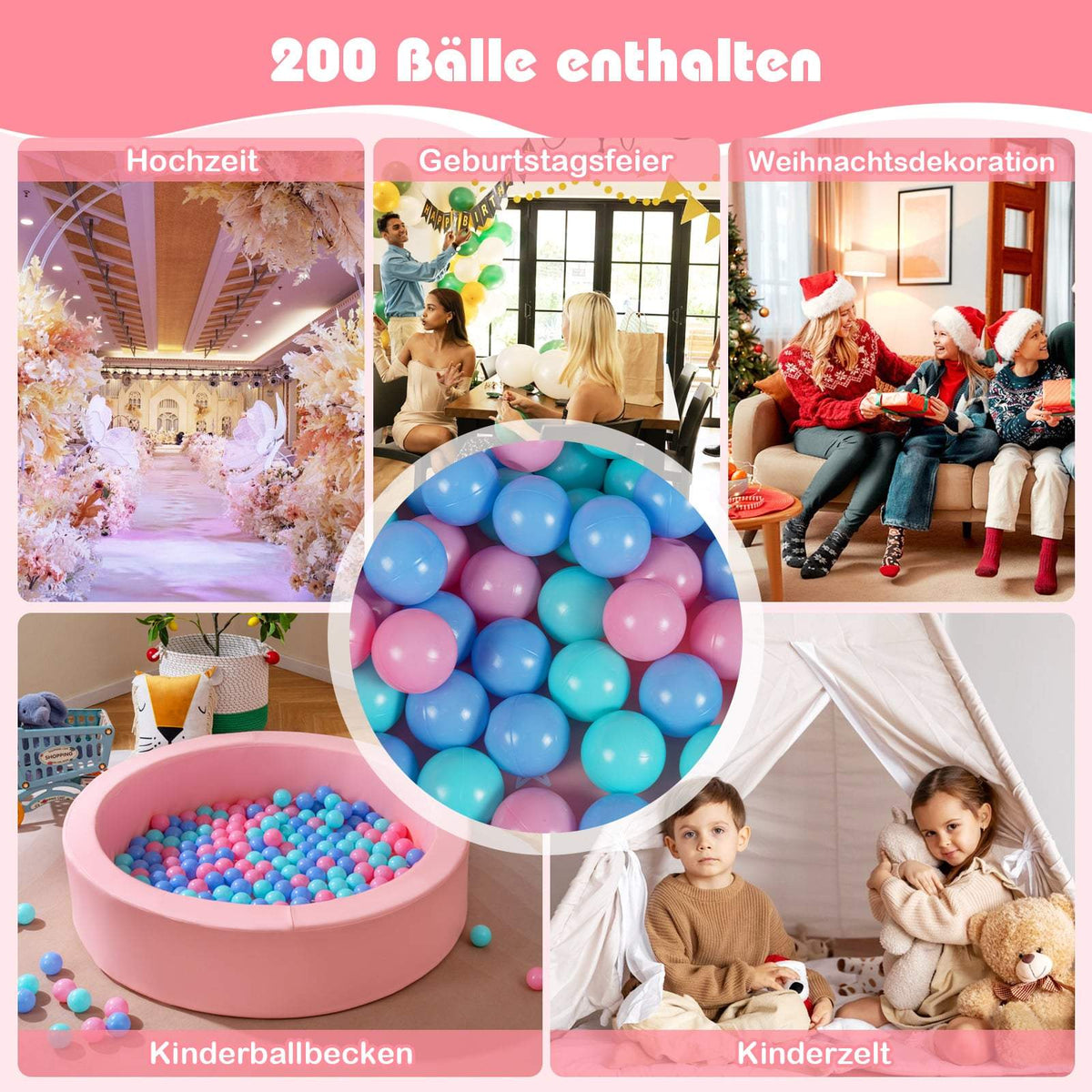 Pink Foam Ball Pit with 200 Ocean Balls, Washable Cover