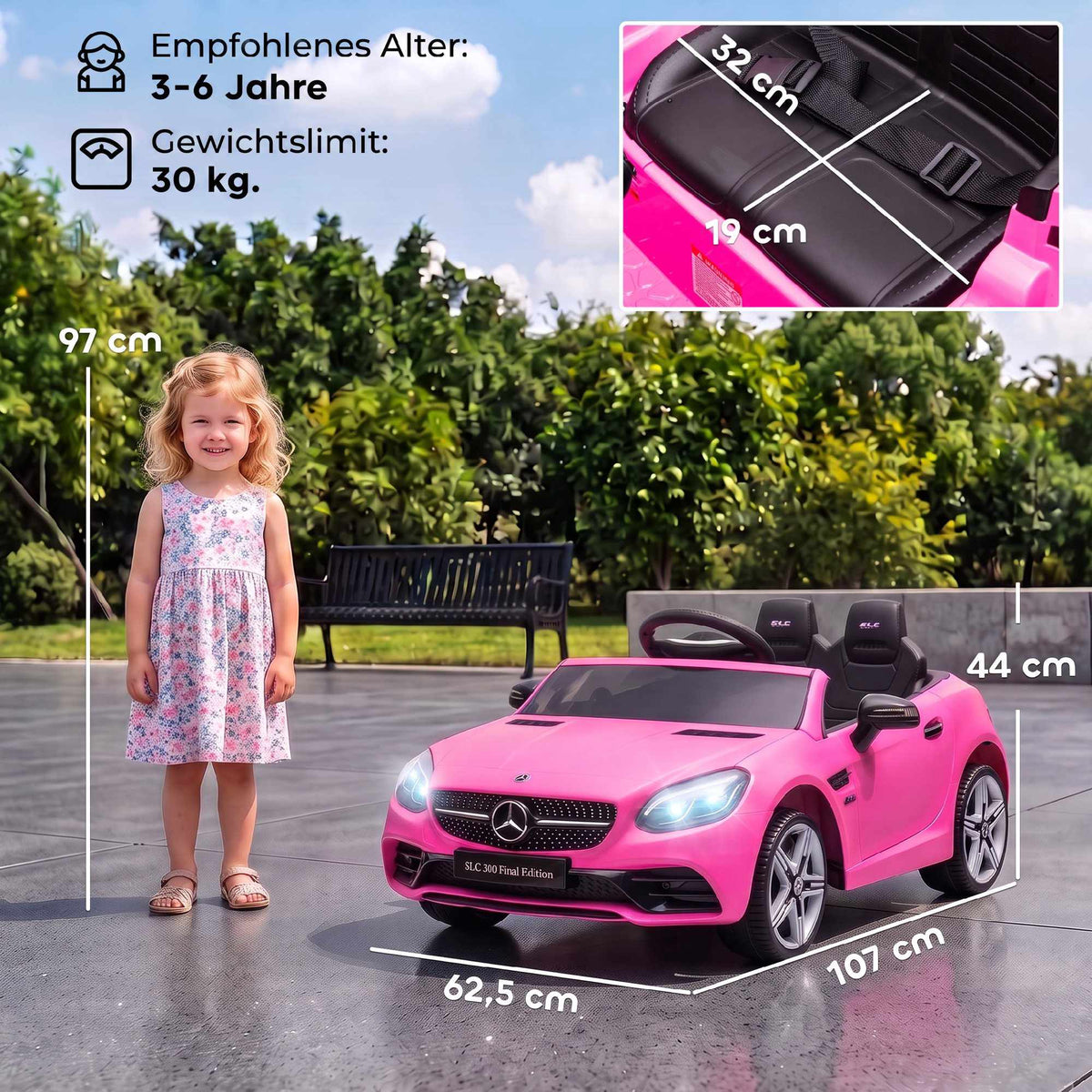 Pink Kids Electric Car with LED Lights & Music, 3-5 km/h