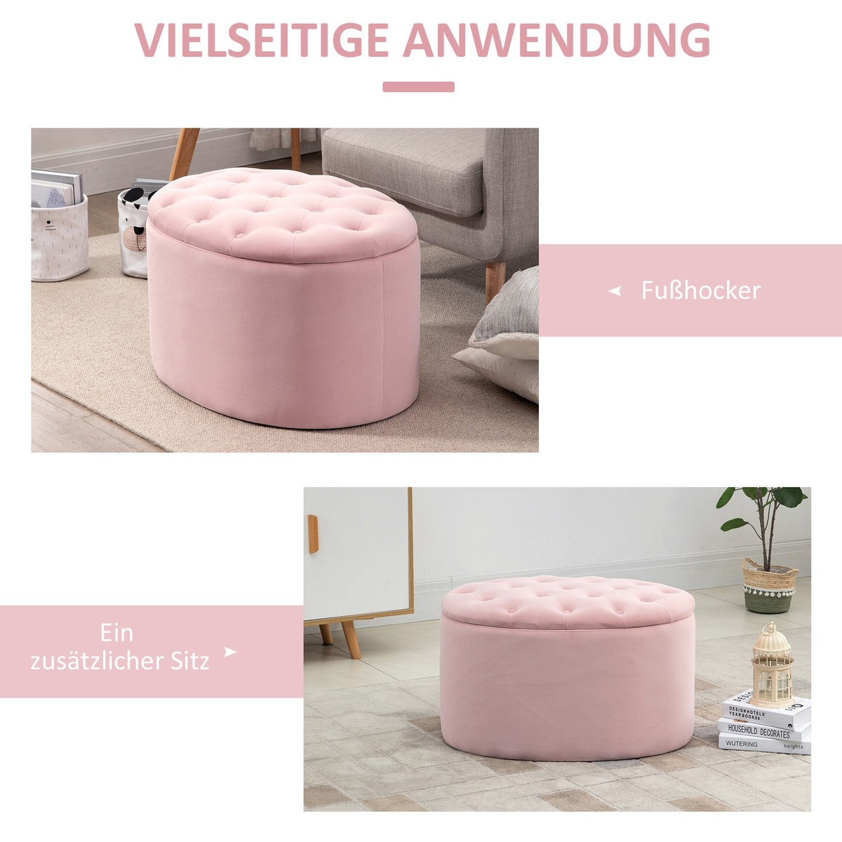 Pink Upholstered Bench With Storage Space, Velvety Polyester, Rubber Wood, Oval Shape, For Living Room, 71X52X42Cm