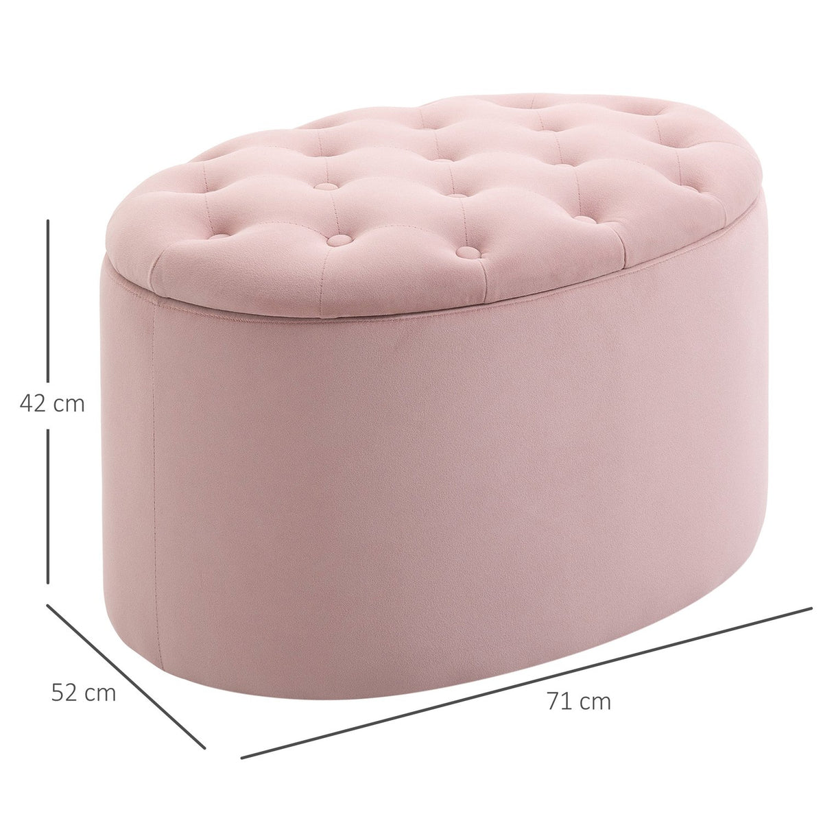 Pink Upholstered Bench With Storage Space, Velvety Polyester, Rubber Wood, Oval Shape, For Living Room, 71X52X42Cm