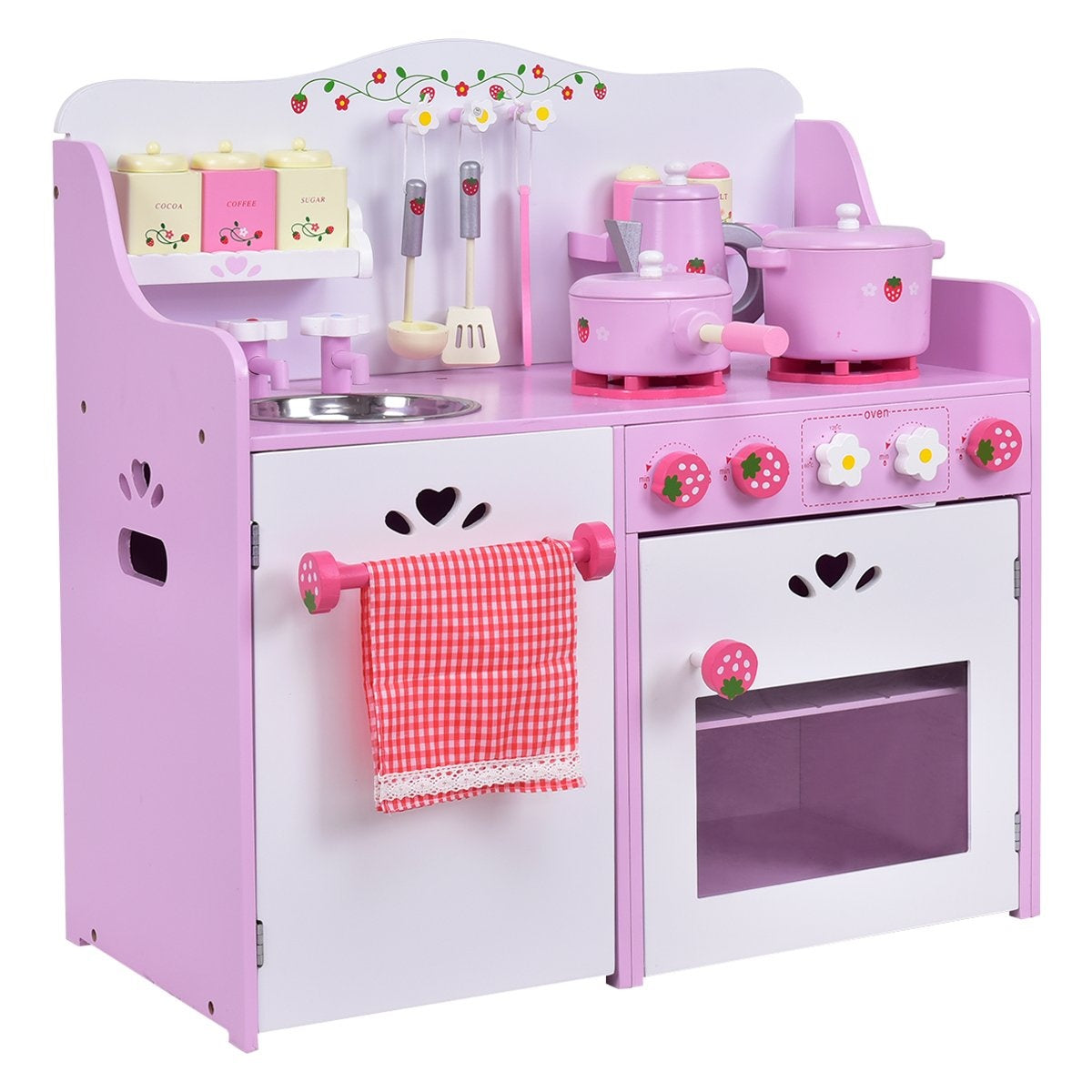 Pink and white wooden children's play kitchen toy kitchen