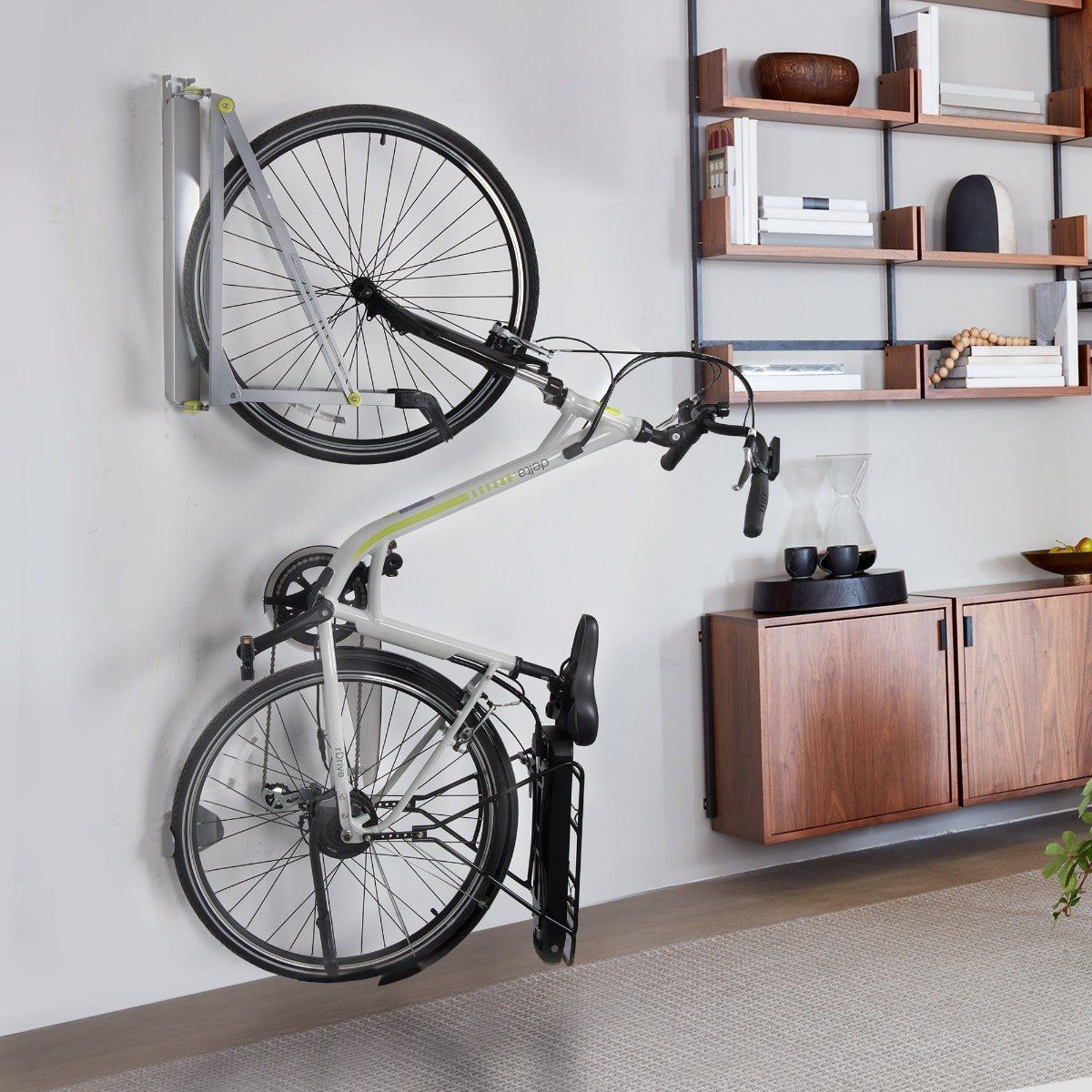 Pivot Bike Rack, Black – Space-Saving, Roll-On Design