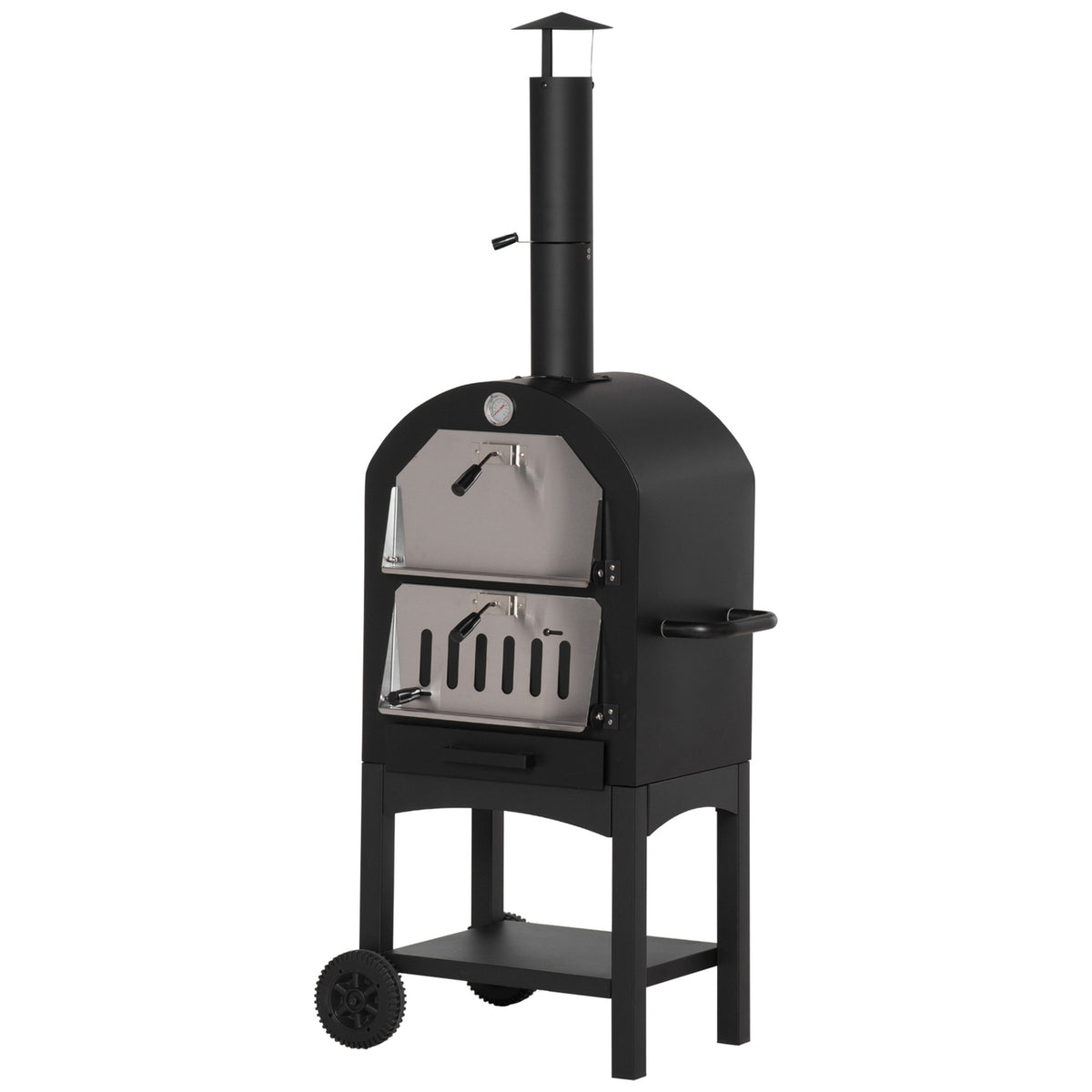 Pizza Oven Outdoor 2-In-1 With Wheels, Grill Oven, Protective Cover, Pizza Shovel, 2 Grill Nets, 3-Tier Wood-Burning Oven, 63X54X161Cm
