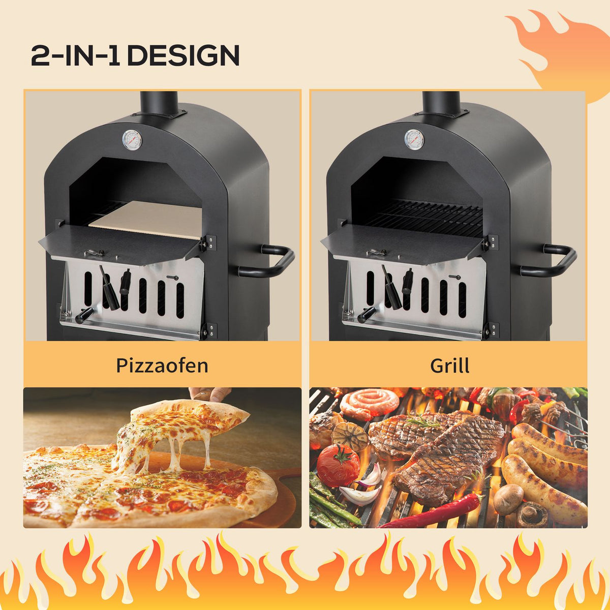Pizza Oven Outdoor 2-In-1 With Wheels, Grill Oven, Protective Cover, Pizza Shovel, 2 Grill Nets, 3-Tier Wood-Burning Oven, 63X54X161Cm