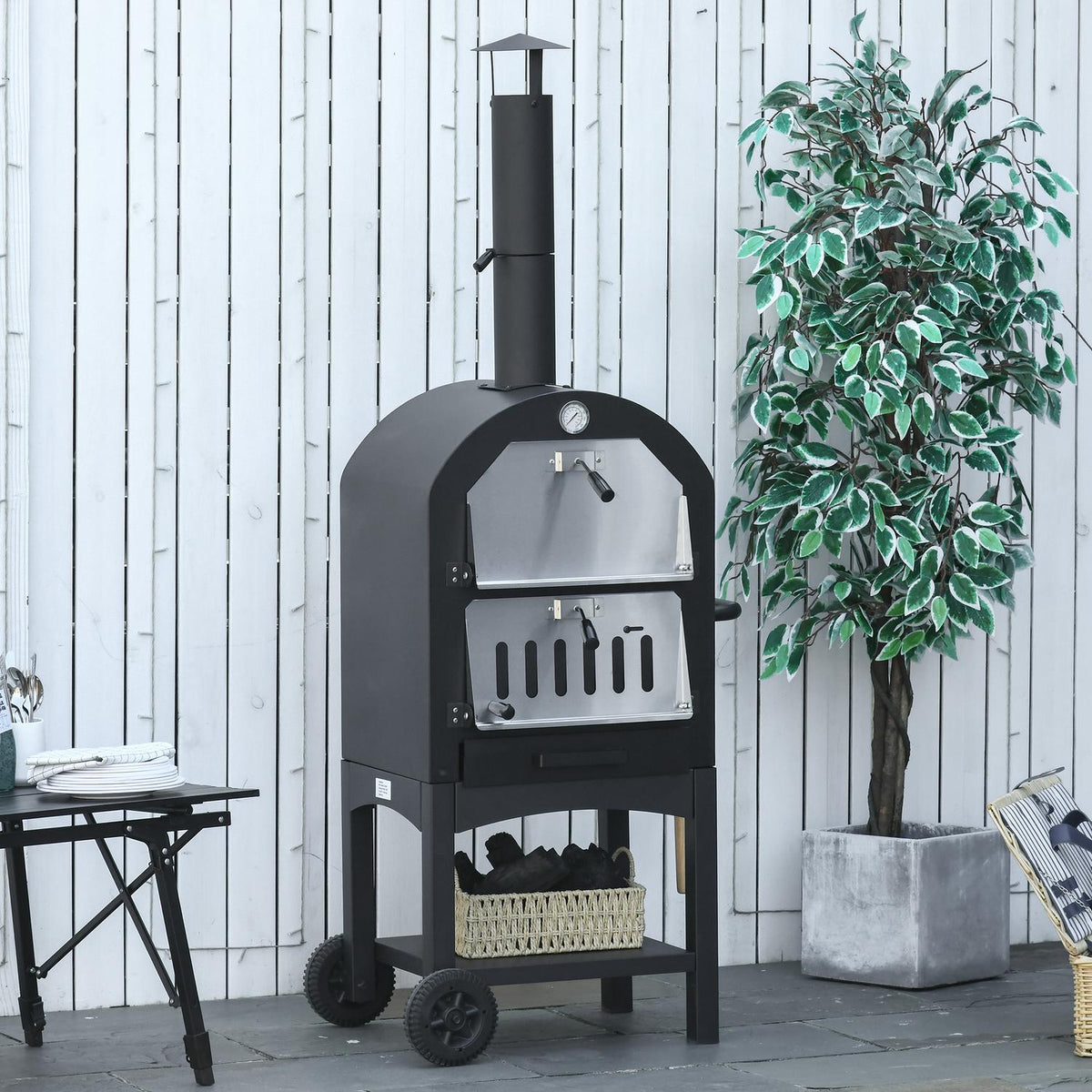 Pizza Oven Outdoor 2-In-1 With Wheels, Grill Oven, Protective Cover, Pizza Shovel, 2 Grill Nets, 3-Tier Wood-Burning Oven, 63X54X161Cm