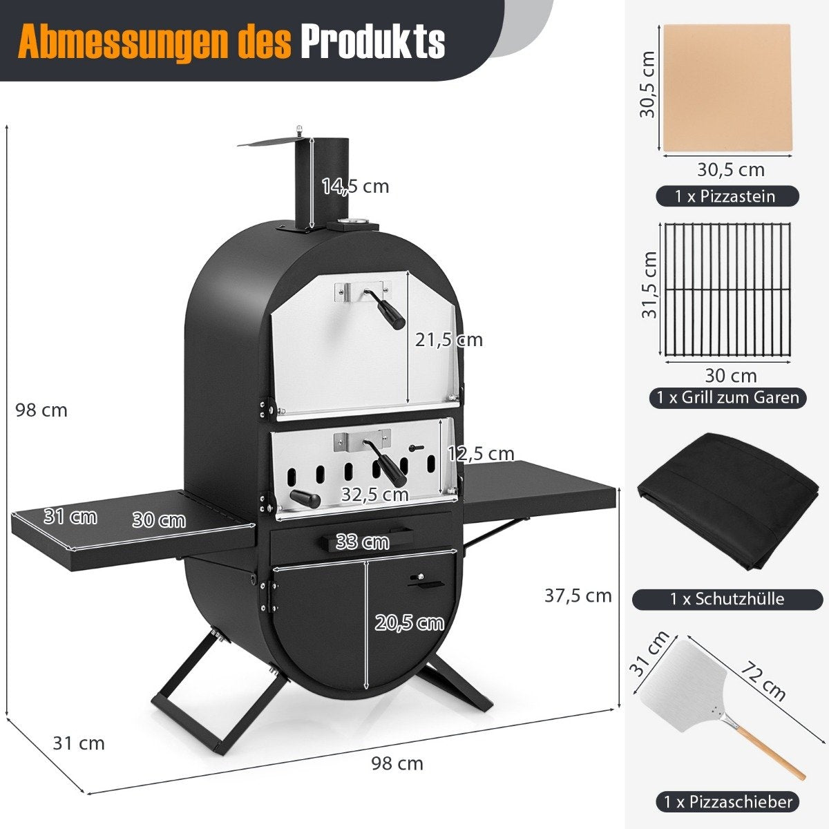 Pizza oven outdoor pizza oven with side shelves grill rack made of stainless steel pizza shovel for garden