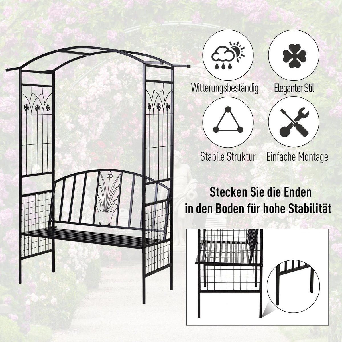 Plant Arch With Bench Bench Arch Trellis Garden Arch Roof Metal Black 154 X 60 X 205 Cm