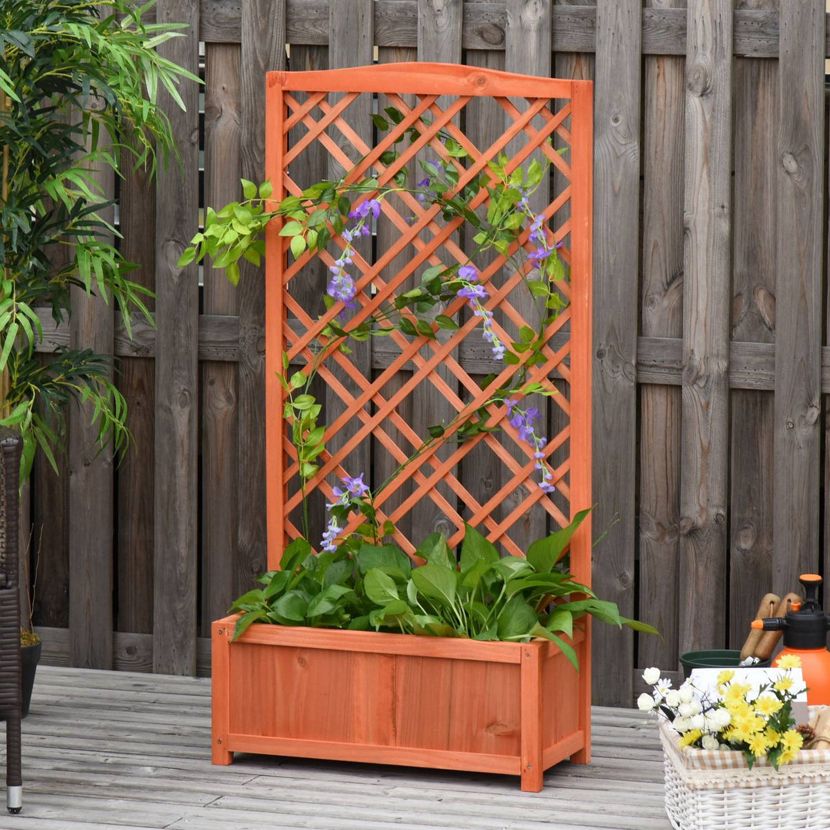 Plant Box Flower Stand With Trellis, Wood, Yellow, 60X30X122.5Cm