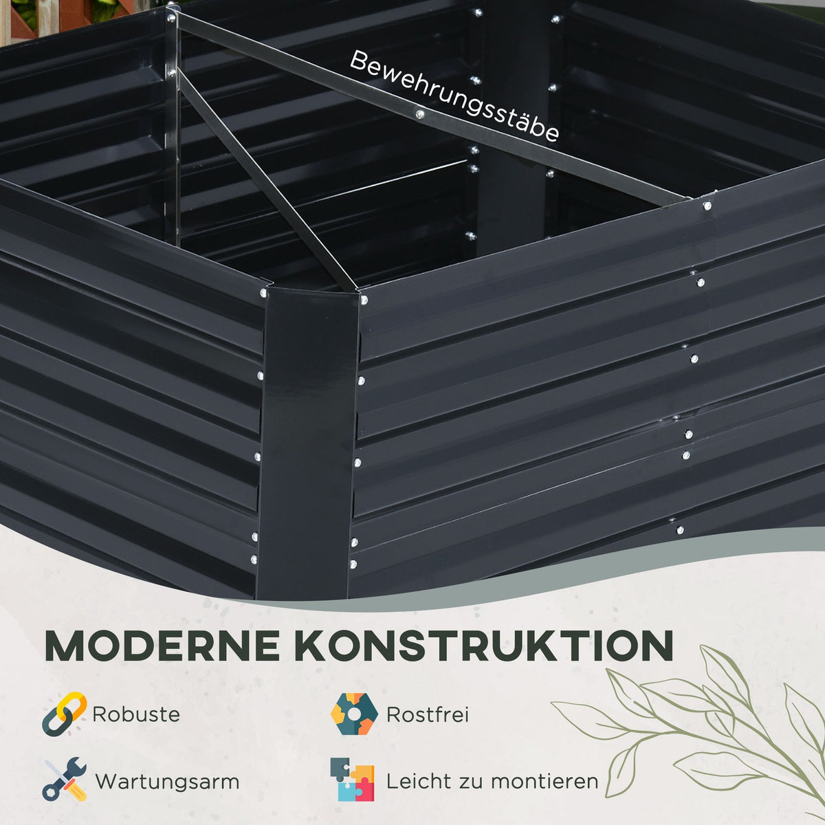 Plant Box With Support Grid 3-Piece Raised Bed Set For Garden, Steel, Dark Gray, 120X90X59Cm