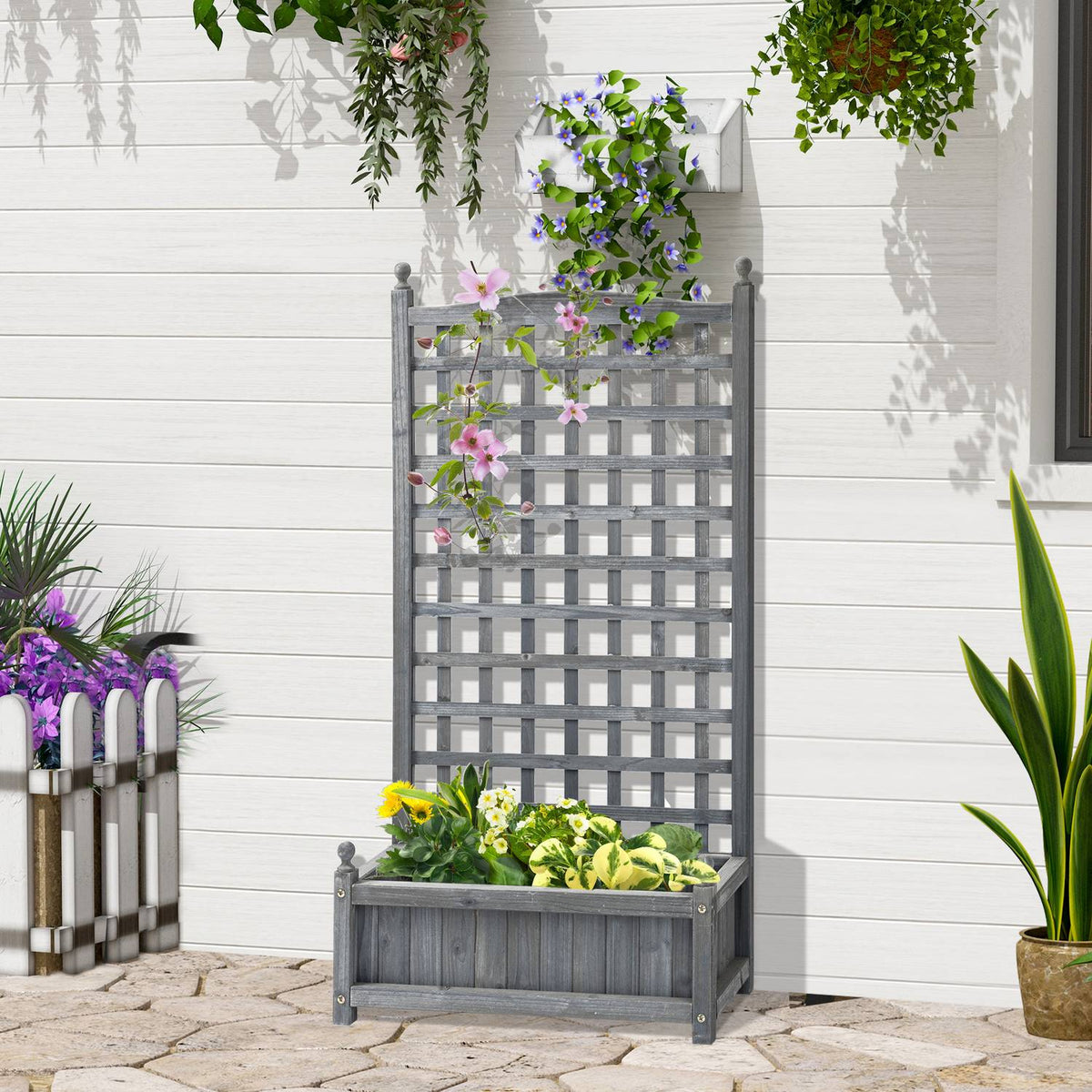 Plant Box With Trellis, Flower Box For Climbing Plants, Wood, Light Grey, 64X28X120Cm