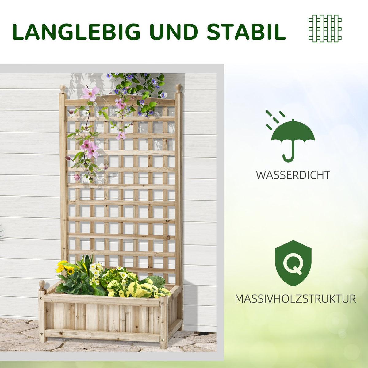 Plant Box With Trellis, Flower Box For Climbing Plants, Wood, Natural, 64X28X120Cm