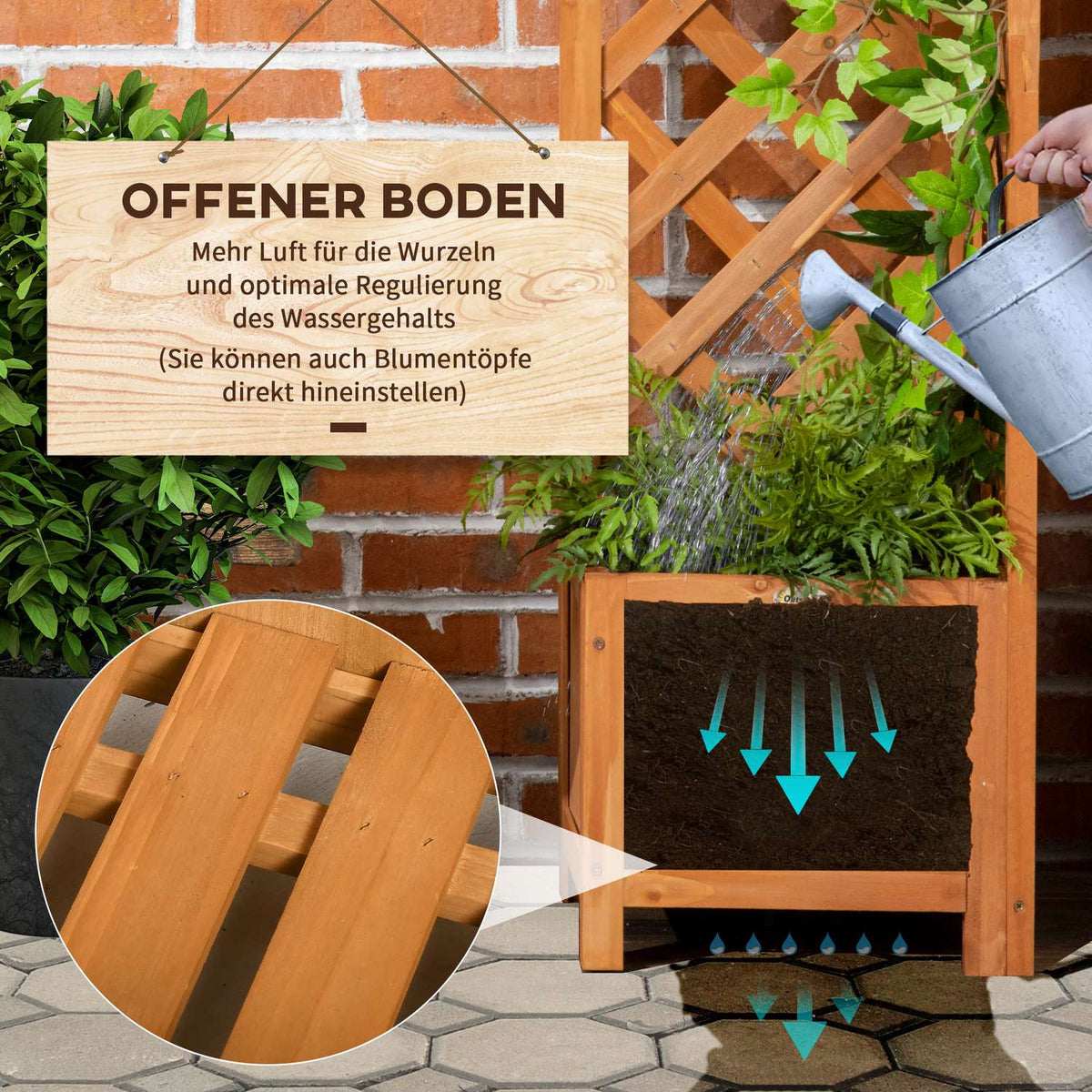 Plant Box With Trellis Flower Box For Garden, Patio, Balcony, Natural Wood, Brown, 32X32X108Cm