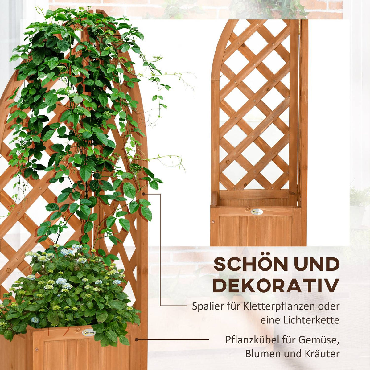 Plant Box With Trellis Flower Box For Garden, Patio, Balcony, Natural Wood, Brown, 32X32X108Cm
